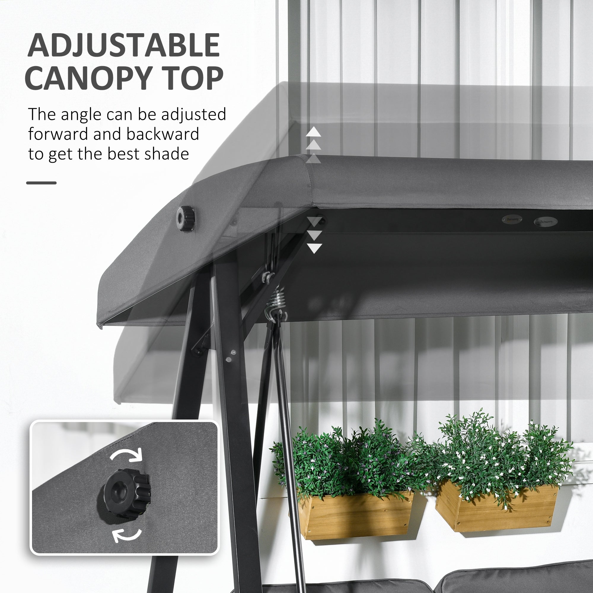 Outsunny 2 Seater Covered Outdoor Swing Chair Porch Swing Bench Lounger Hammock with Removable Cushion Tilt Canopy, Dark Grey