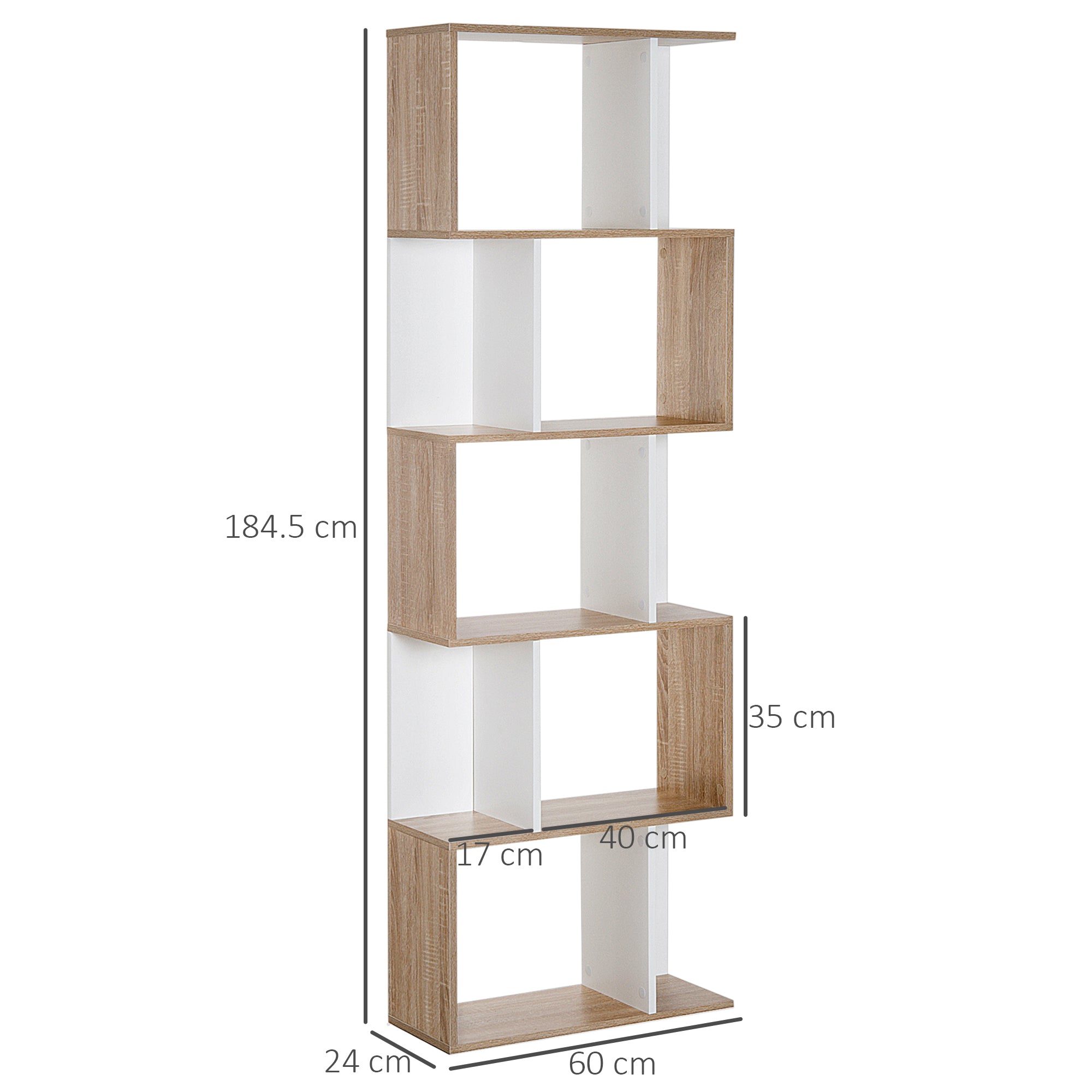 HOMCOM 5-tier Bookcase Storage Display Shelving S Shape design Unit Divider Natural