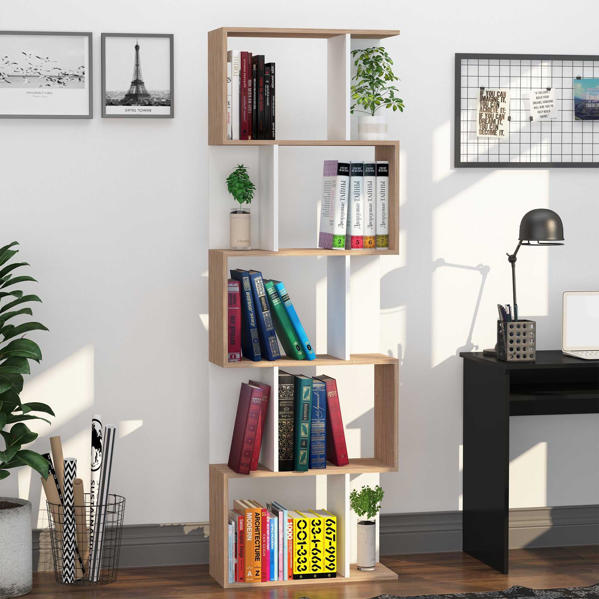 HOMCOM 5-tier Bookcase Storage Display Shelving S Shape design Unit Divider Natural