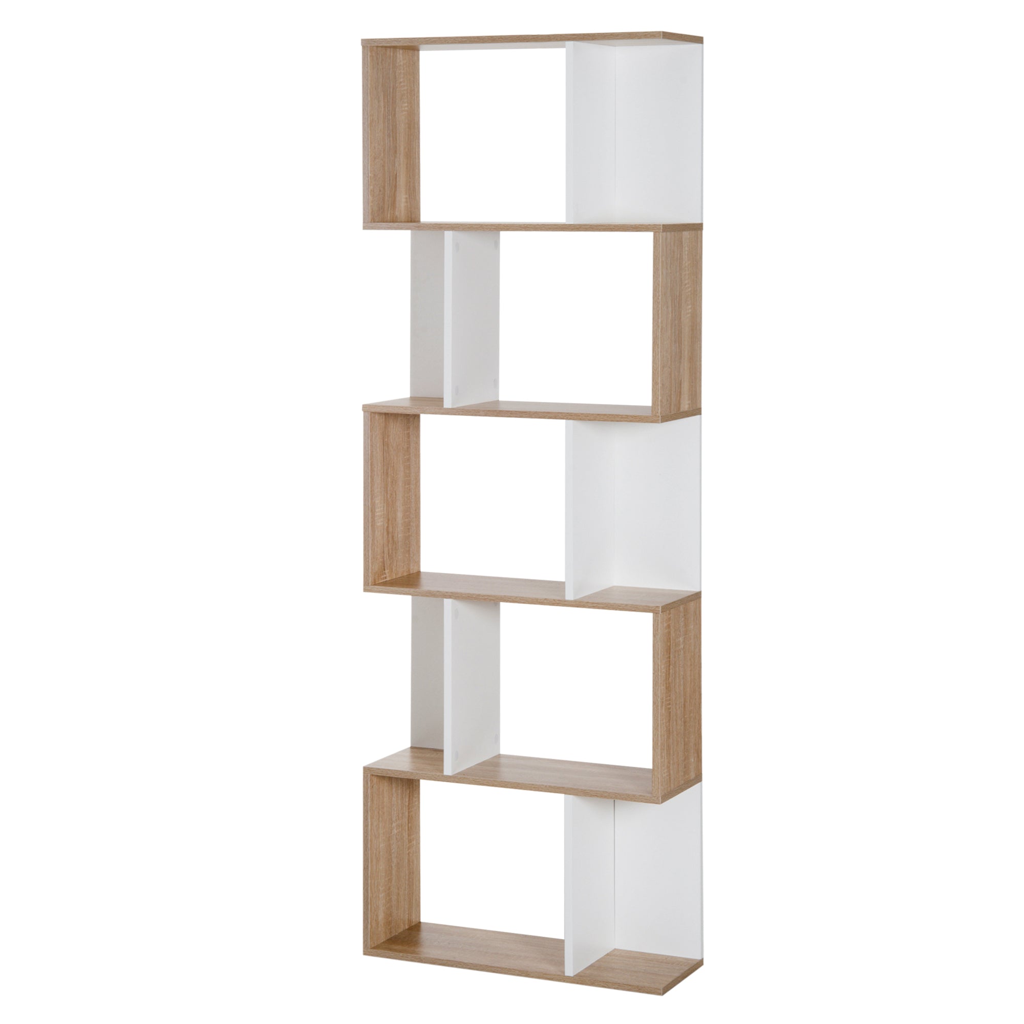 HOMCOM 5-tier Bookcase Storage Display Shelving S Shape design Unit Divider Natural