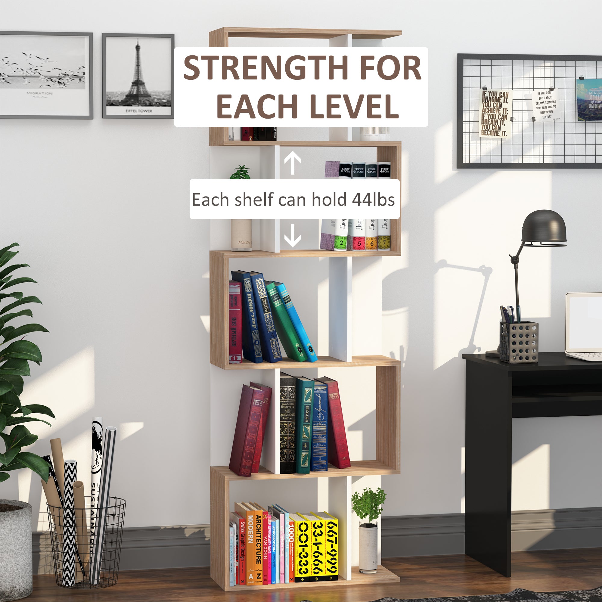 HOMCOM 5-Tier Geometric Bookcase Display Shelf Storage Shelf Modern Room Divider Living Room Home Office Furniture, White