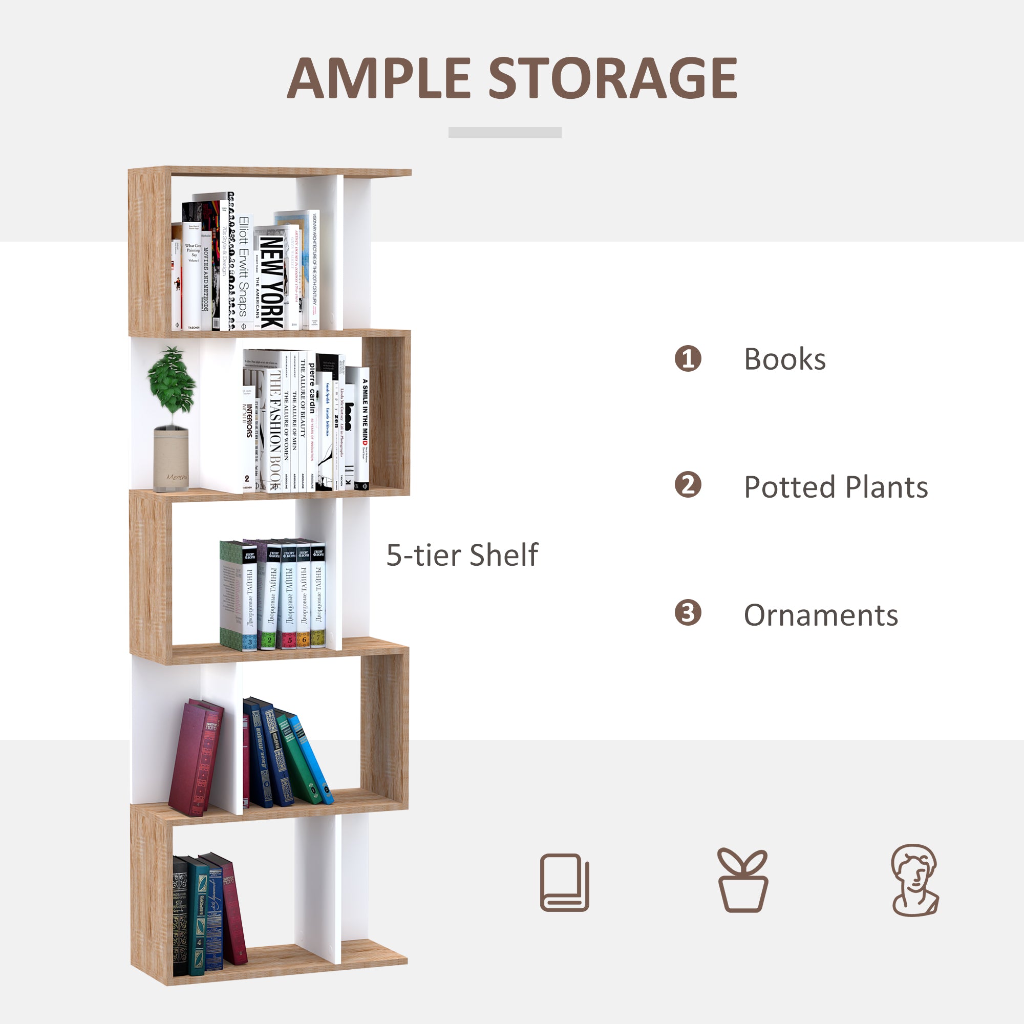 HOMCOM 5-Tier Geometric Bookcase Display Shelf Storage Shelf Modern Room Divider Living Room Home Office Furniture, White