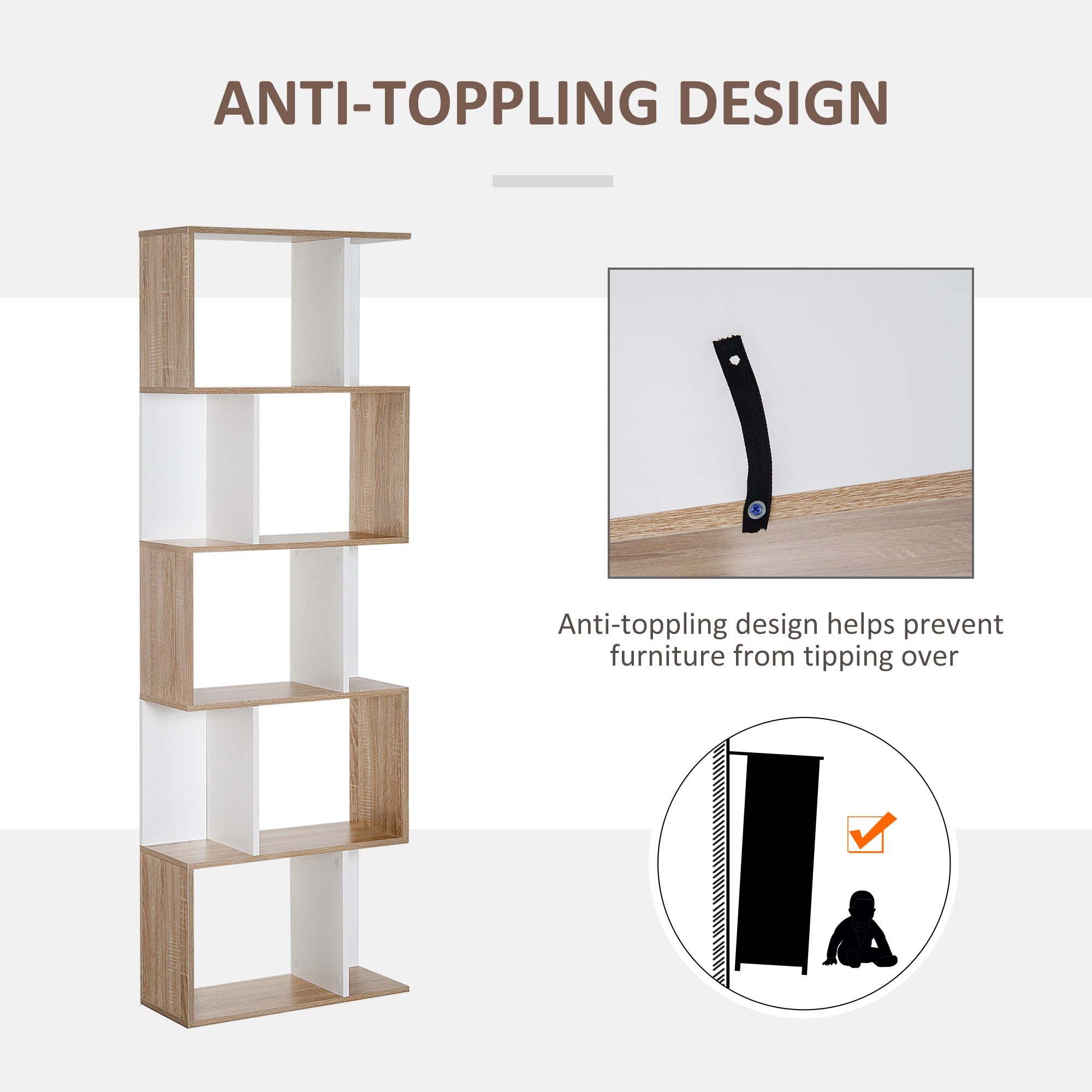 HOMCOM 5-Tier Geometric Bookcase Display Shelf Storage Shelf Modern Room Divider Living Room Home Office Furniture, White