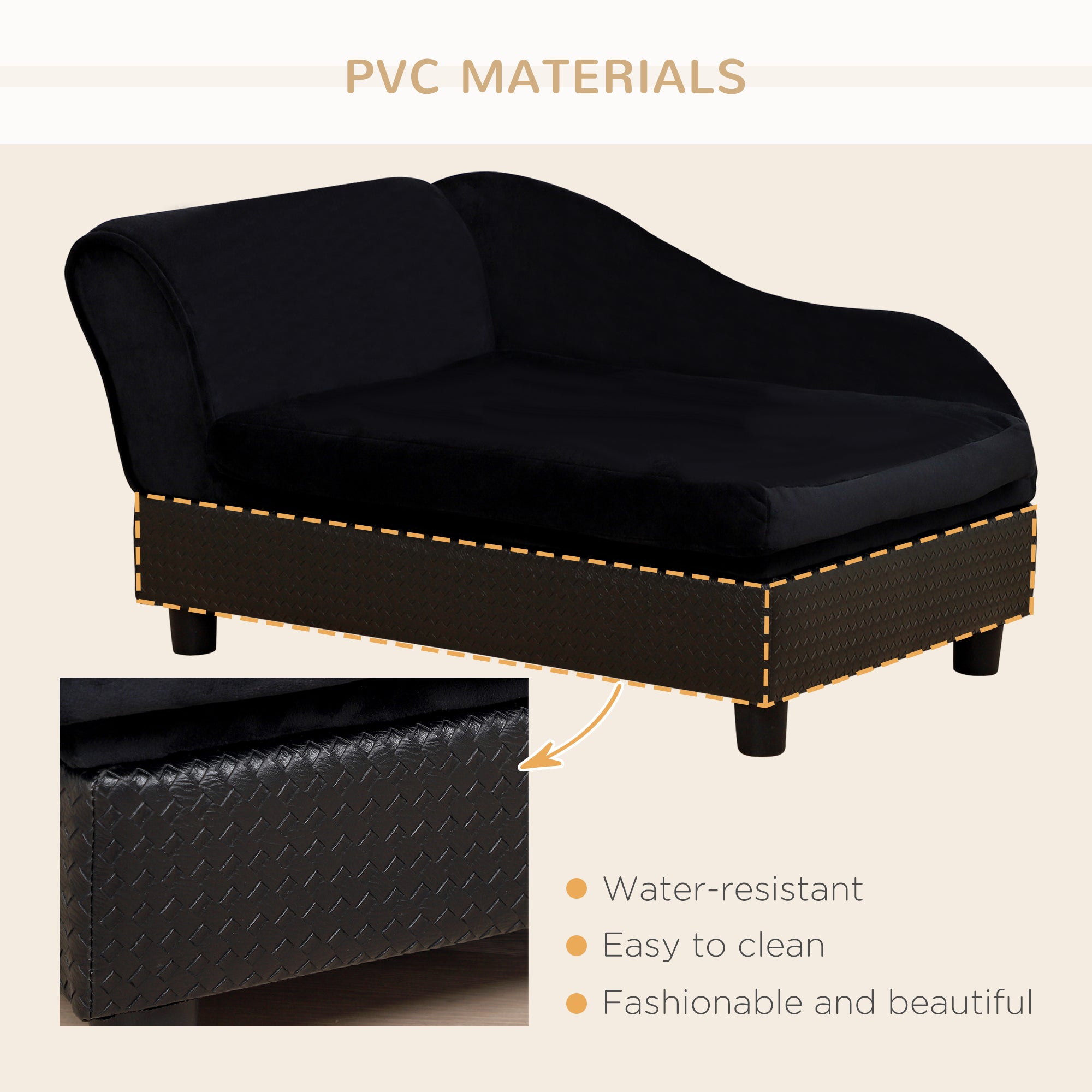 PawHut Pet Sofa Dog Couch Chaise Lounge Pet Bed with Storage Function Small Sized Dog Various Cat Sponge Cushioned Bed Lounge, Black