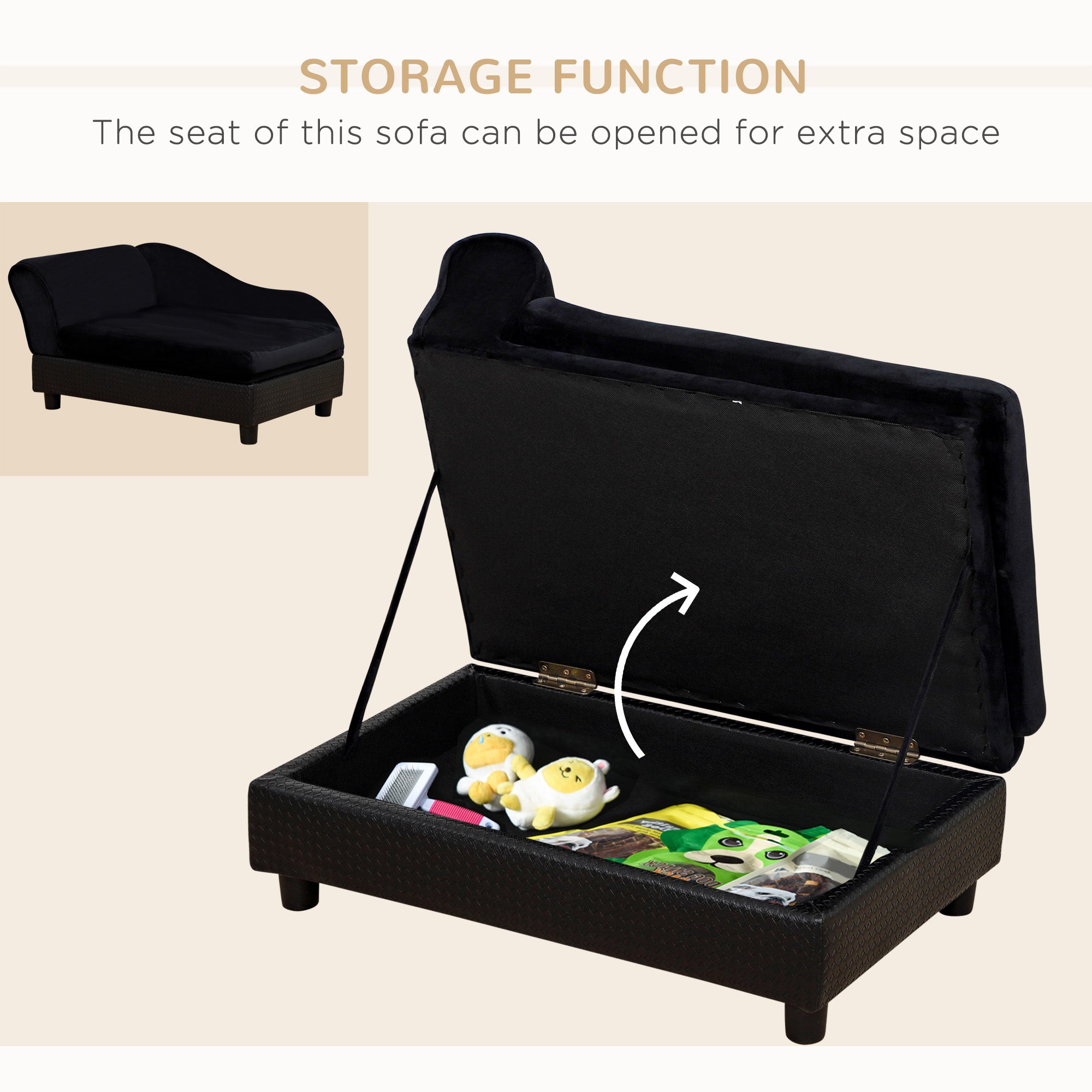 PawHut Pet Sofa Dog Couch Chaise Lounge Pet Bed with Storage Function Small Sized Dog Various Cat Sponge Cushioned Bed Lounge, Black