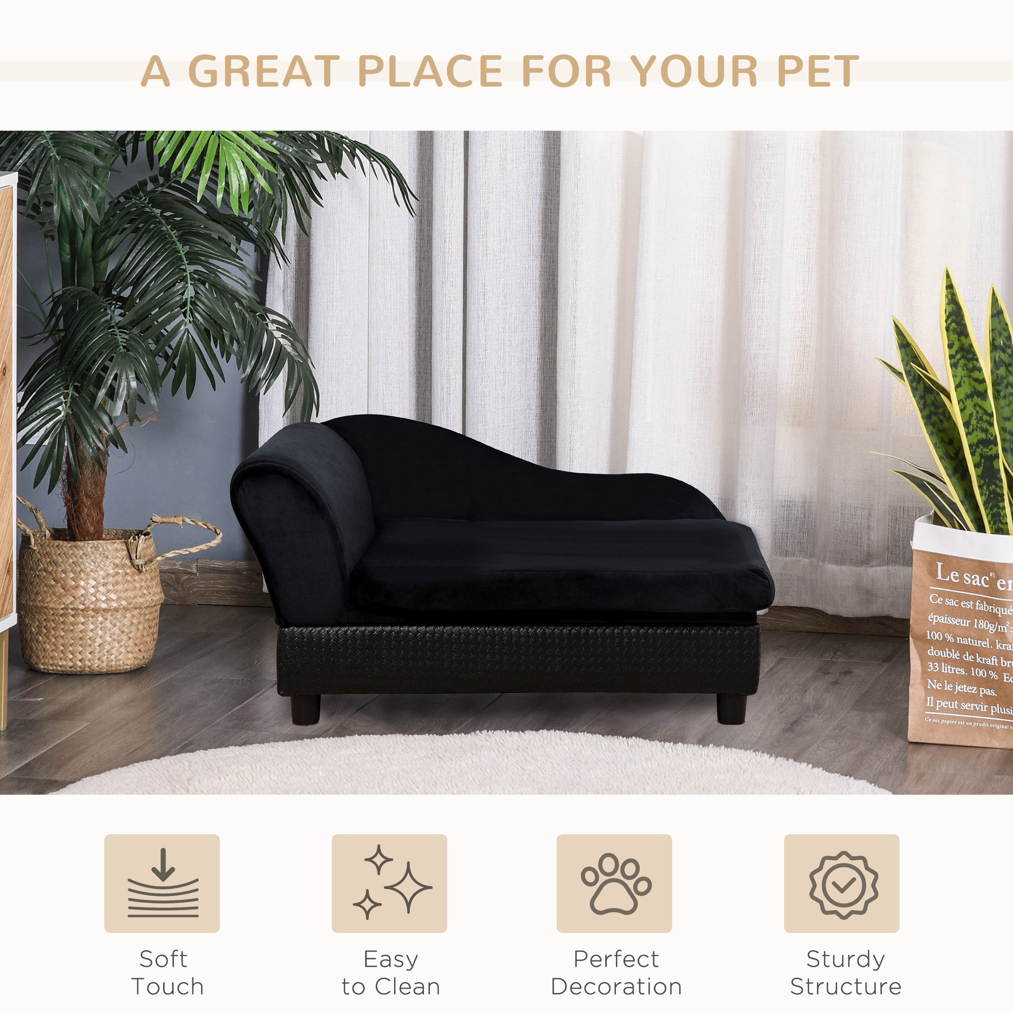 PawHut Pet Sofa Dog Couch Chaise Lounge Pet Bed with Storage Function Small Sized Dog Various Cat Sponge Cushioned Bed Lounge, Black