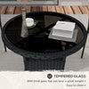 Outsunny Φ31.5" Outdoor Wicker Dining Table, PE Rattan Patio Furniture with 2-Tier Storage Shelf, Metal Frame Round Garden Table with Glass Top Table, Black