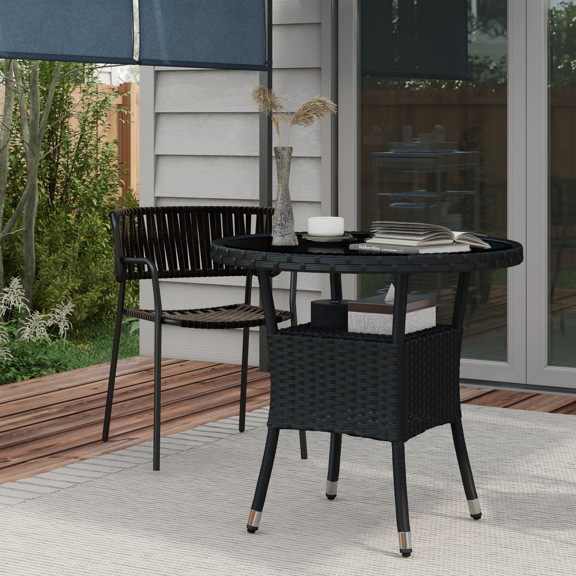 Outsunny Φ31.5" Outdoor Wicker Dining Table, PE Rattan Patio Furniture with 2-Tier Storage Shelf, Metal Frame Round Garden Table with Glass Top Table, Black