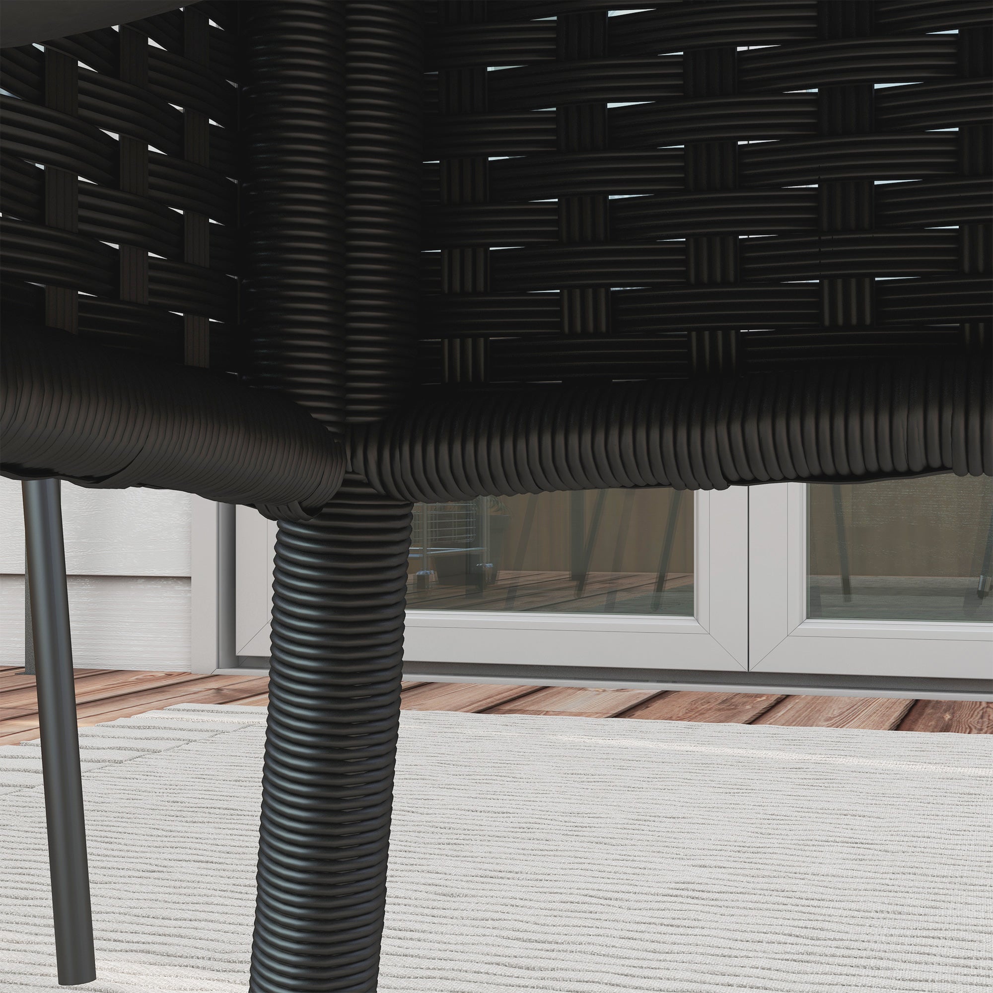 Outsunny Φ31.5" Outdoor Wicker Dining Table, PE Rattan Patio Furniture with 2-Tier Storage Shelf, Metal Frame Round Garden Table with Glass Top Table, Black