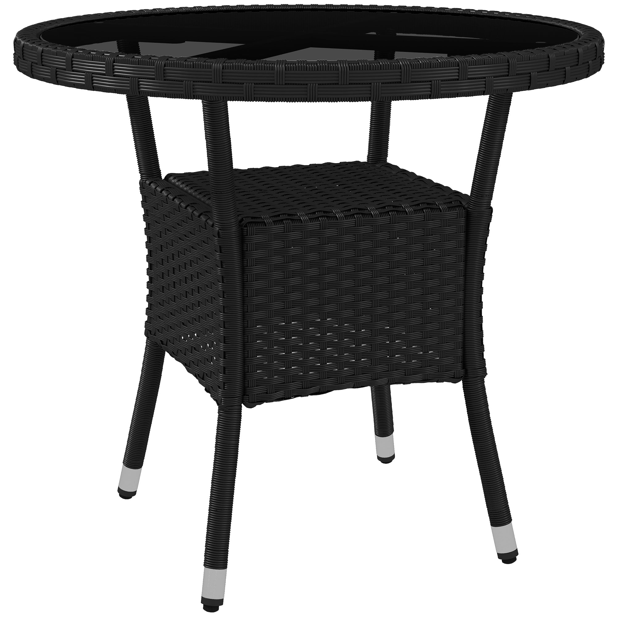 Outsunny Φ31.5" Outdoor Wicker Dining Table, PE Rattan Patio Furniture with 2-Tier Storage Shelf, Metal Frame Round Garden Table with Glass Top Table, Black