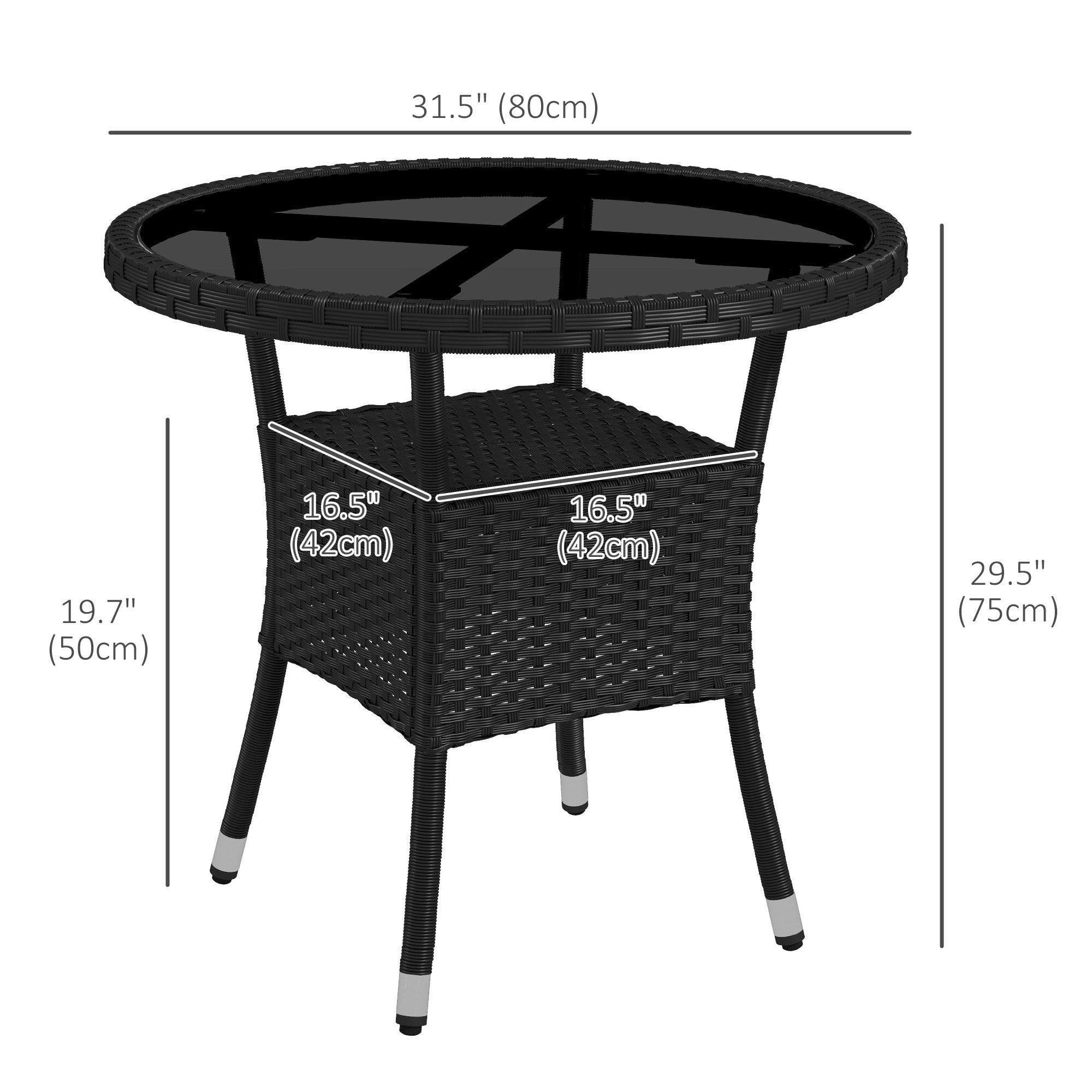 Outsunny Φ31.5" Outdoor Wicker Dining Table, PE Rattan Patio Furniture with 2-Tier Storage Shelf, Metal Frame Round Garden Table with Glass Top Table, Black