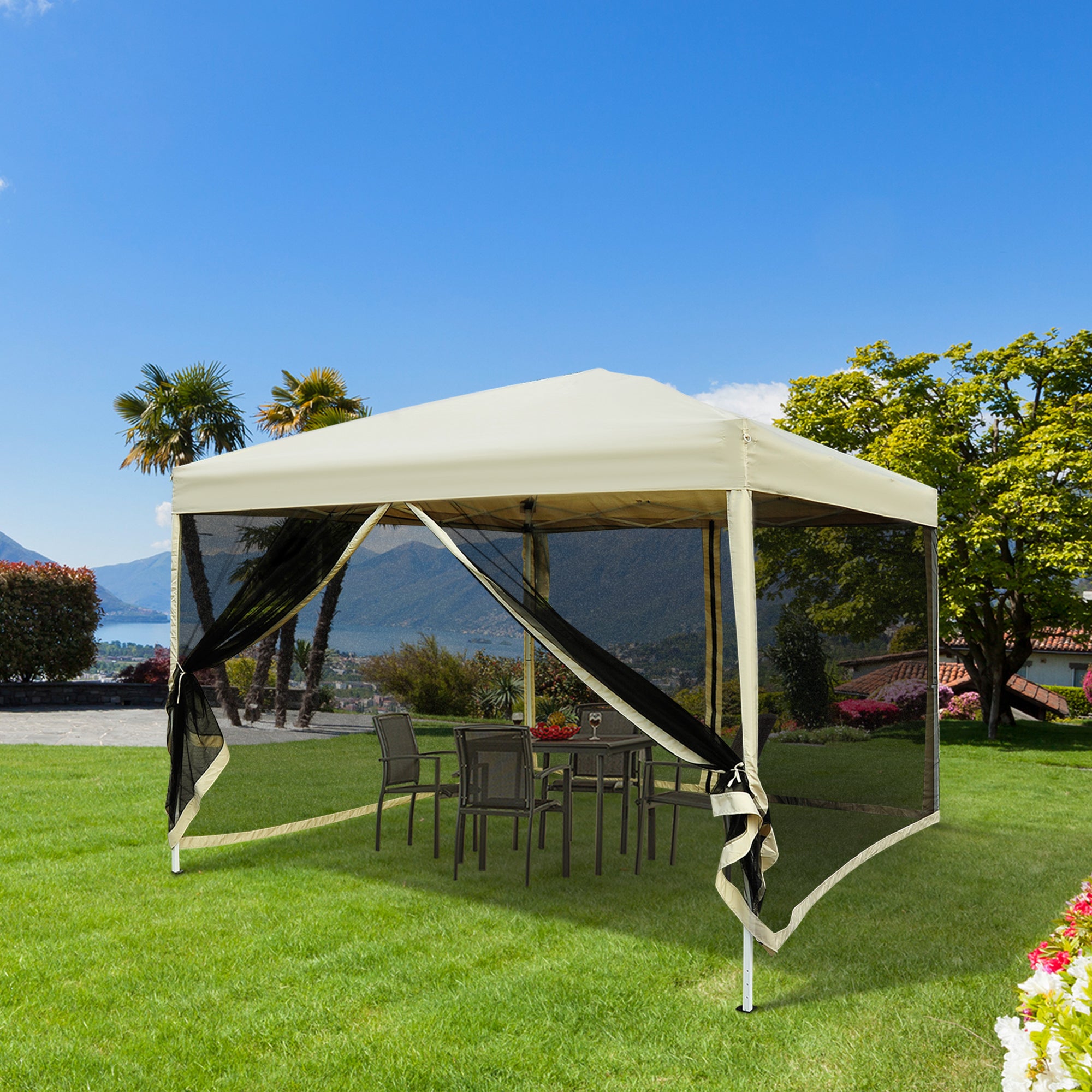 Outsunny 10' x 10' Pop Up Canopy Tent, Instant Party Tent with Breathable Mesh Sidewalls, Easy Height Adjustable, Carrying Bag for Backyard Garden Patio Camping