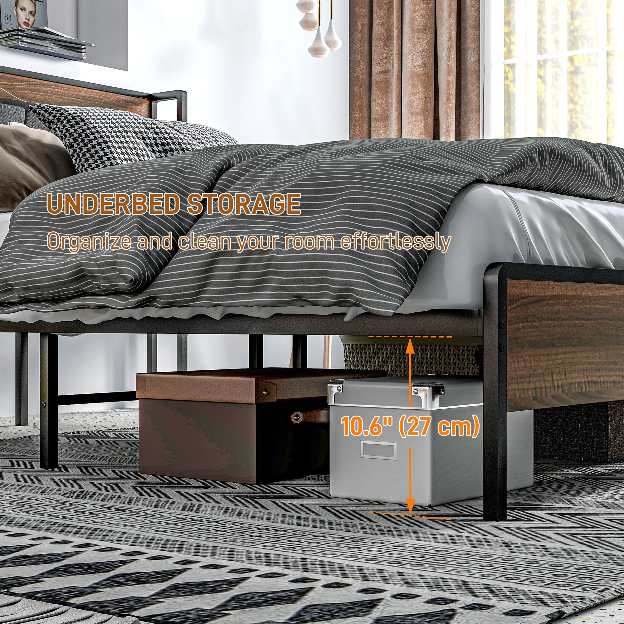 HOMCOM Full Bed Frame with Storage, Platform Bed Frame with Charging Station, Upholstered Headboard, Steel Slats, Noise Free and Easy Assembly, No Box Spring Needed, Walnut