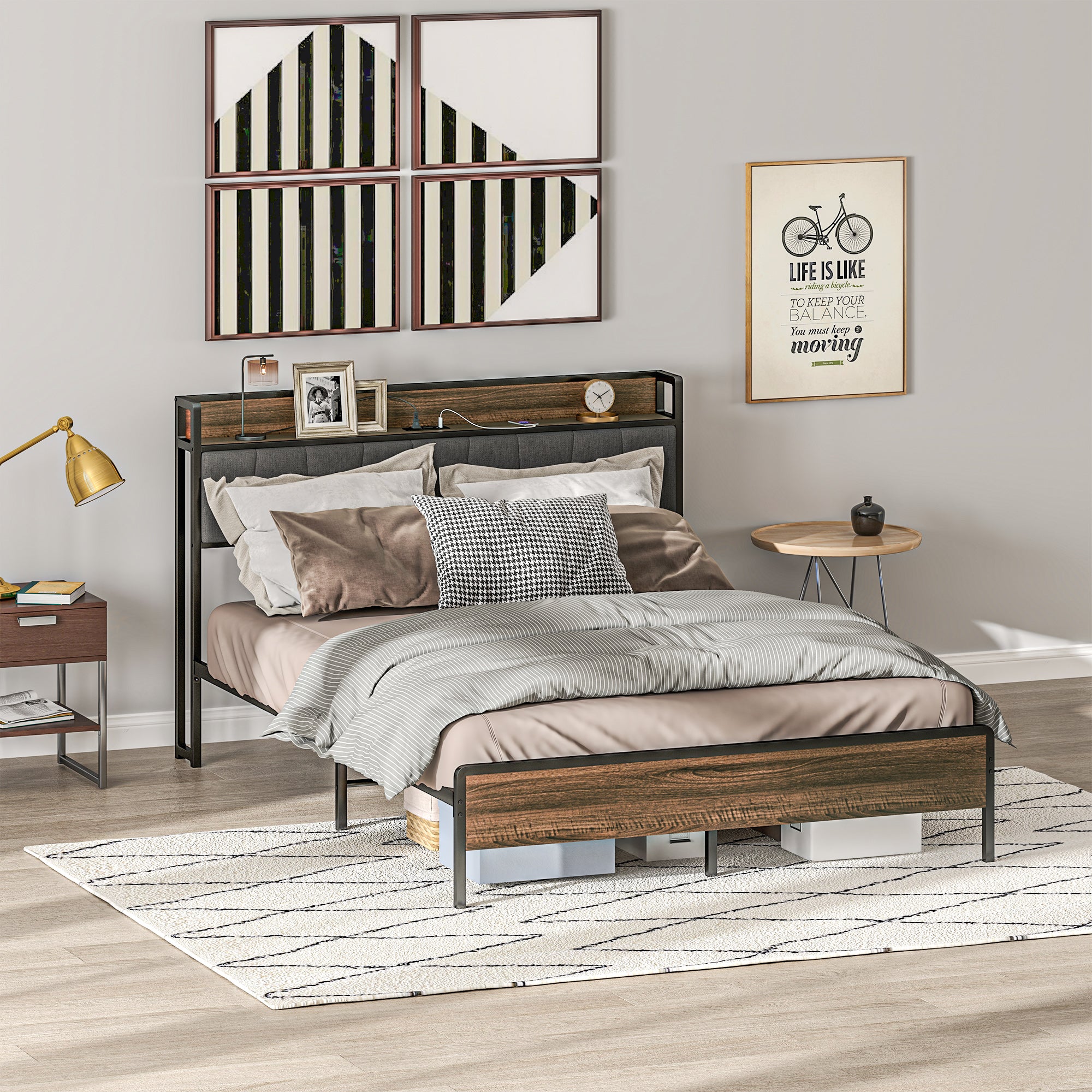 HOMCOM Full Bed Frame with Storage, Platform Bed Frame with Charging Station, Upholstered Headboard, Steel Slats, Noise Free and Easy Assembly, No Box Spring Needed, Walnut