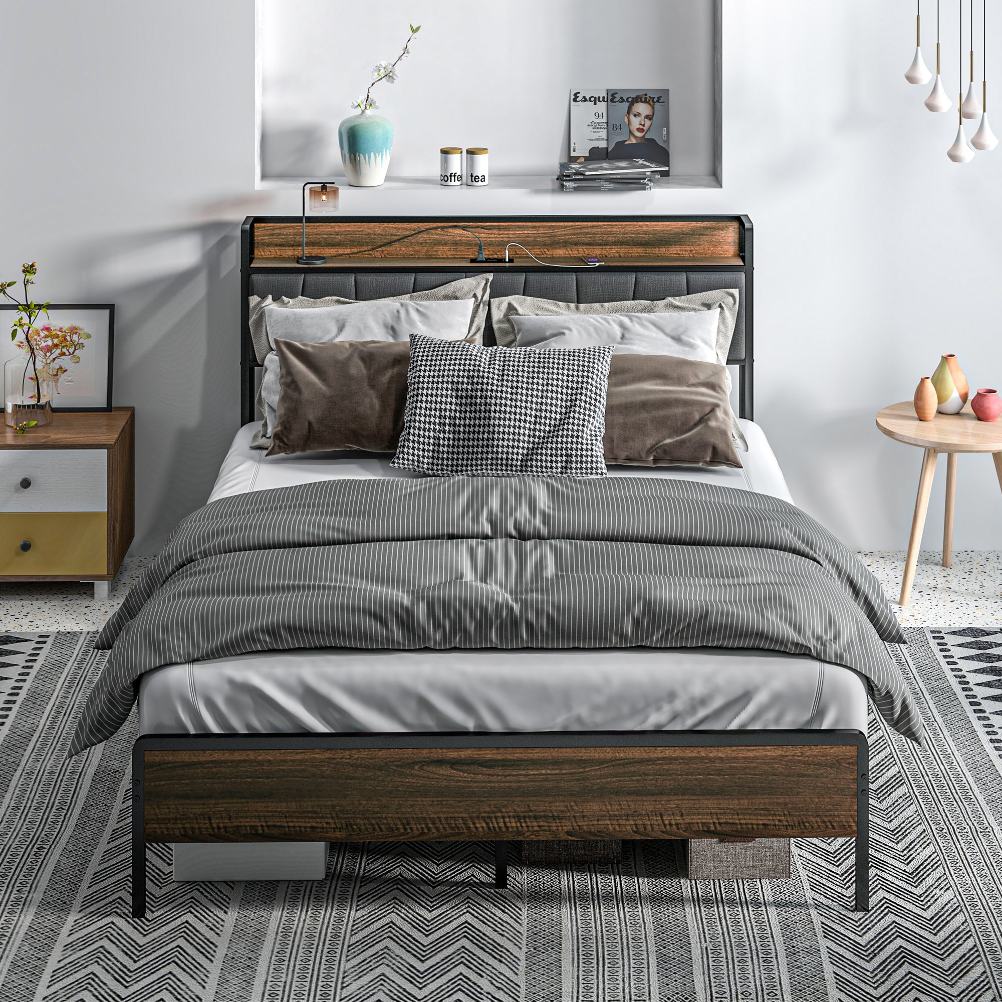 HOMCOM Full Bed Frame with Storage, Platform Bed Frame with Charging Station, Upholstered Headboard, Steel Slats, Noise Free and Easy Assembly, No Box Spring Needed, Walnut