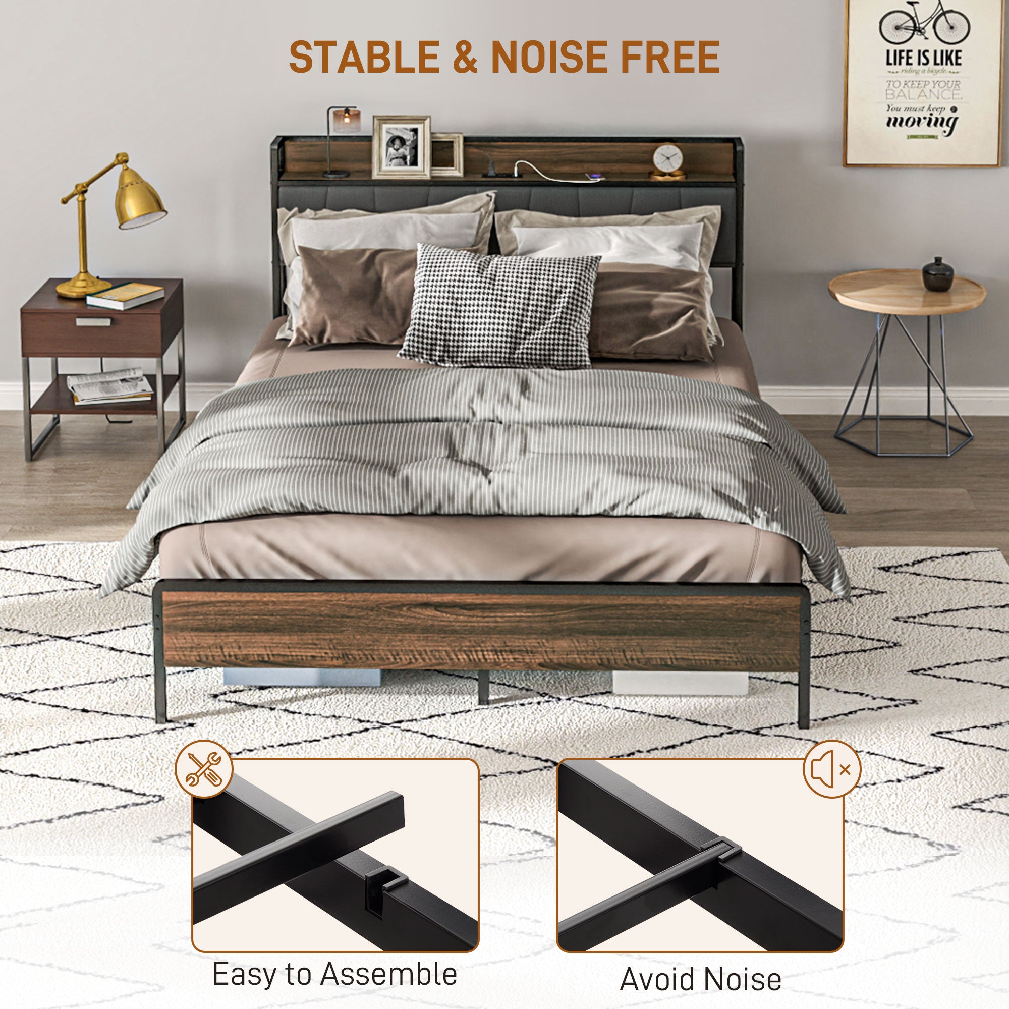 HOMCOM Full Bed Frame with Storage, Platform Bed Frame with Charging Station, Upholstered Headboard, Steel Slats, Noise Free and Easy Assembly, No Box Spring Needed, Walnut