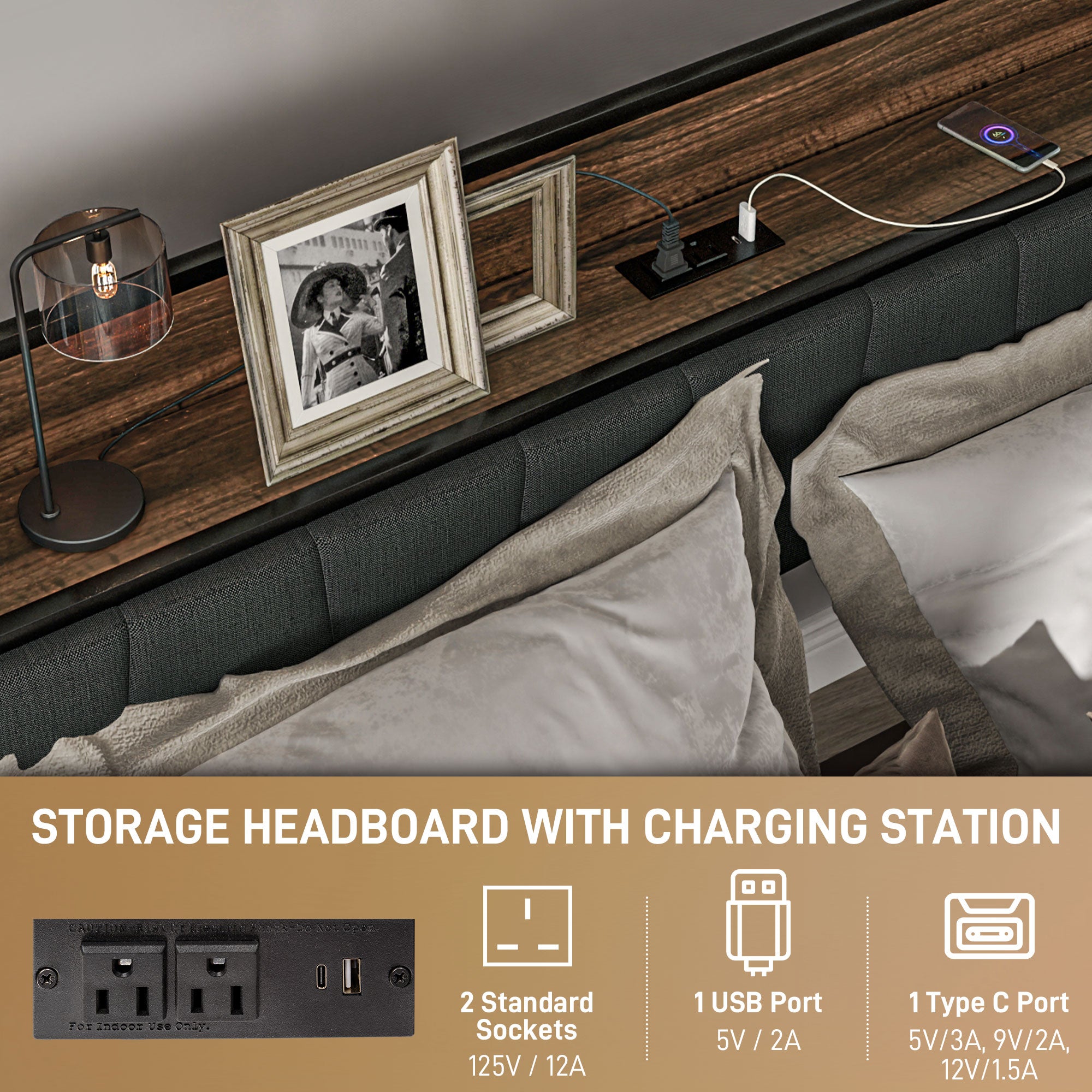 HOMCOM Full Bed Frame with Storage, Platform Bed Frame with Charging Station, Upholstered Headboard, Steel Slats, Noise Free and Easy Assembly, No Box Spring Needed, Walnut