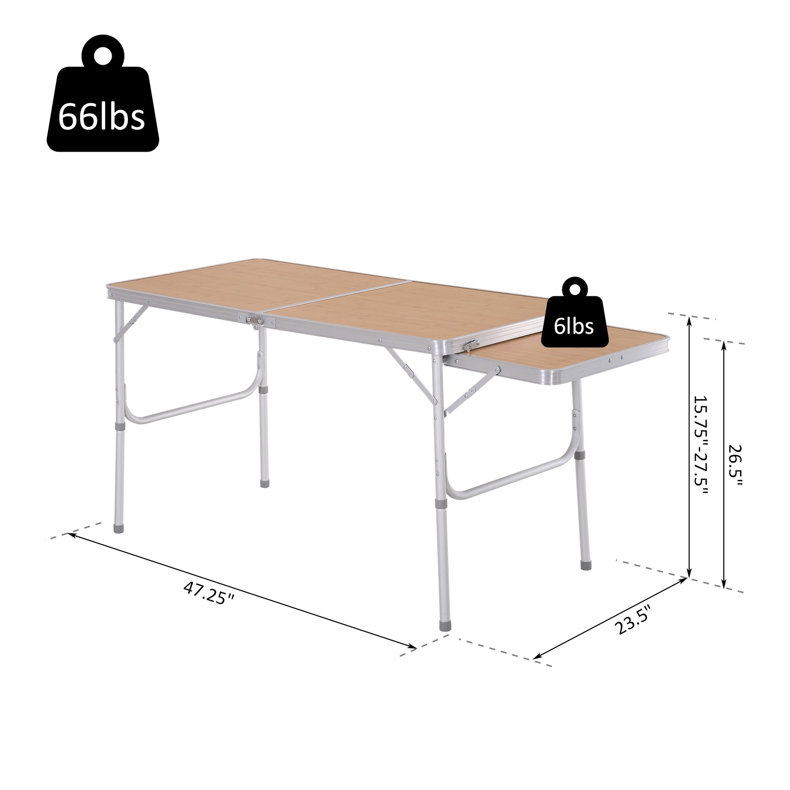 Outsunny 4ft Picnic Table with Slide Shelf Outdoor Portable Aluminum Folding Table 2 Adjustable Height Light-weight Camping BBQ Party Dining Table w/ Carrying Handle