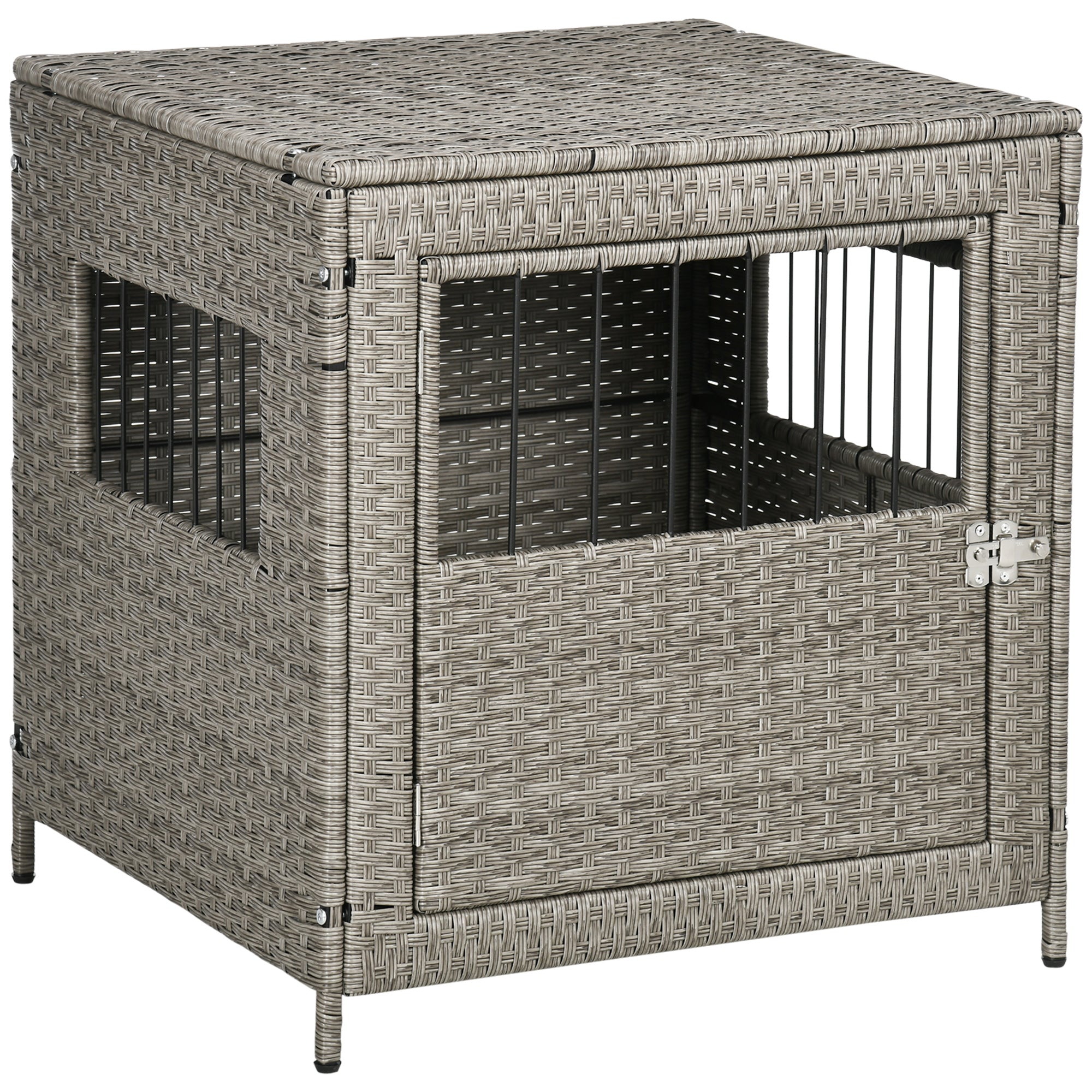 PawHut Rattan Dog Crate, Wicker Dog Cage with Lockable Door and Soft Washable Cushion, Dog Kennel Furniture for Small Sized Dogs, Gray