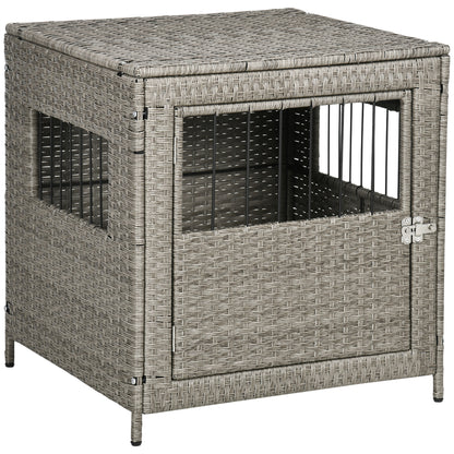PawHut Rattan Dog Crate, Wicker Dog Cage with Lockable Door and Soft Washable Cushion, Dog Kennel Furniture for Small Sized Dogs, Gray