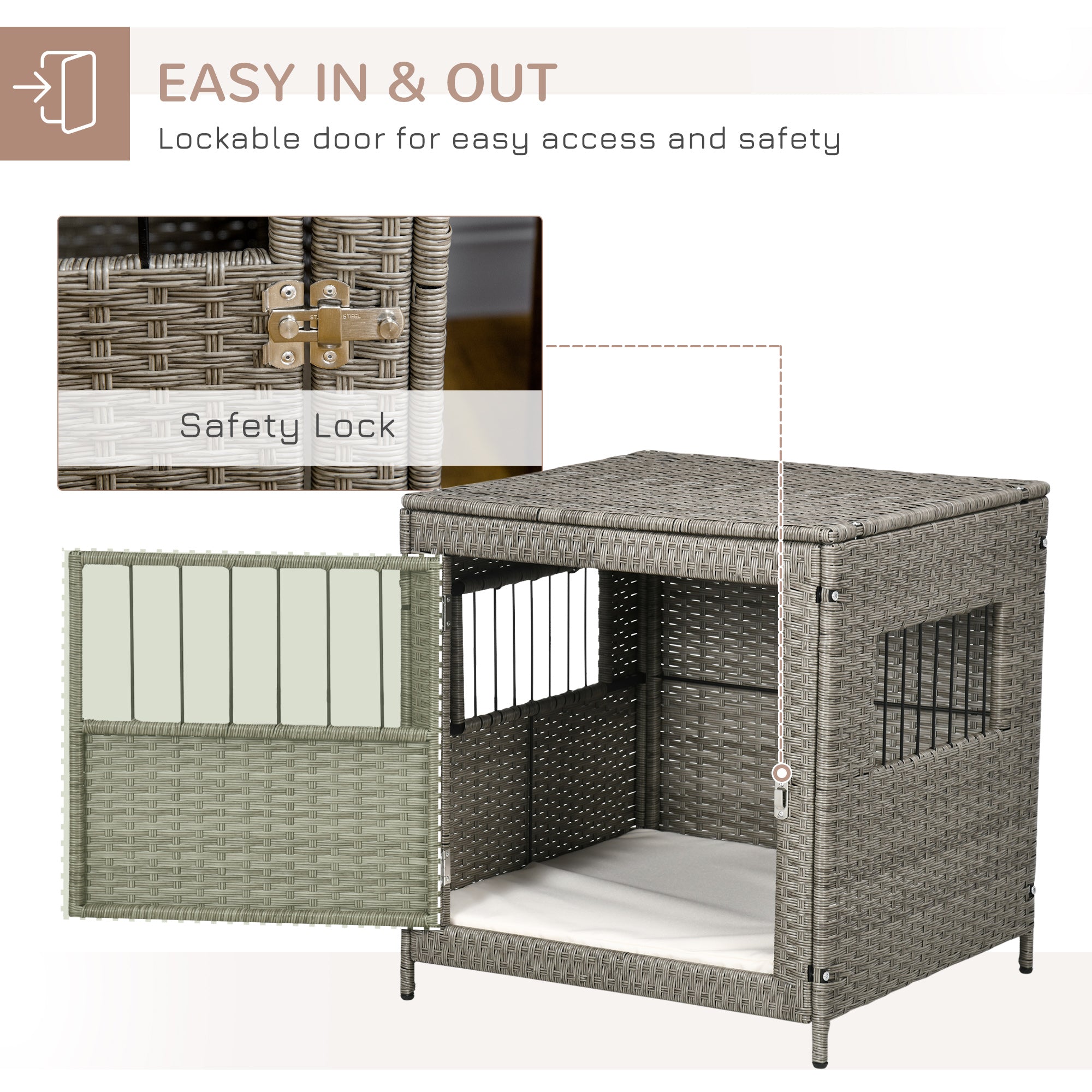 PawHut Rattan Dog Crate, Wicker Dog Cage with Lockable Door and Soft Washable Cushion, Dog Kennel Furniture for Small Sized Dogs, Gray
