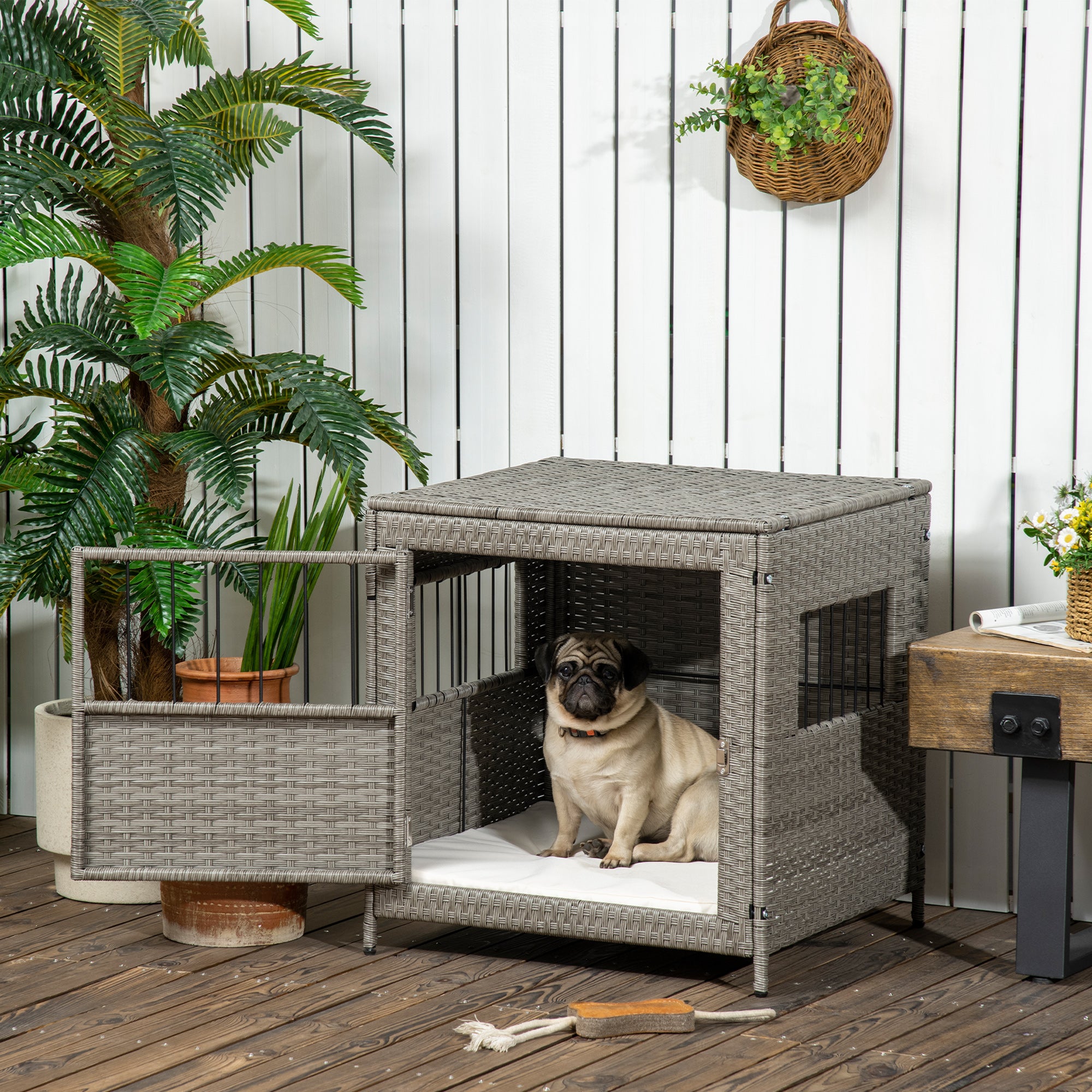 PawHut Rattan Dog Crate, Wicker Dog Cage with Lockable Door and Soft Washable Cushion, Dog Kennel Furniture for Small Sized Dogs, Gray