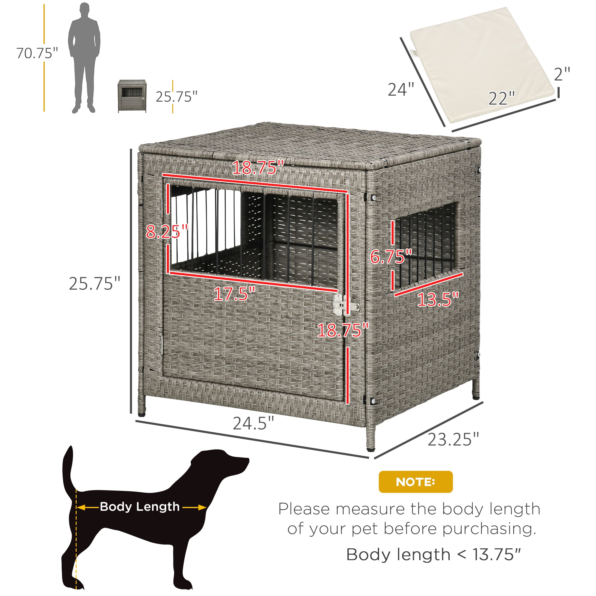 PawHut Rattan Dog Crate, Wicker Dog Cage with Lockable Door and Soft Washable Cushion, Dog Kennel Furniture for Small Sized Dogs, Gray