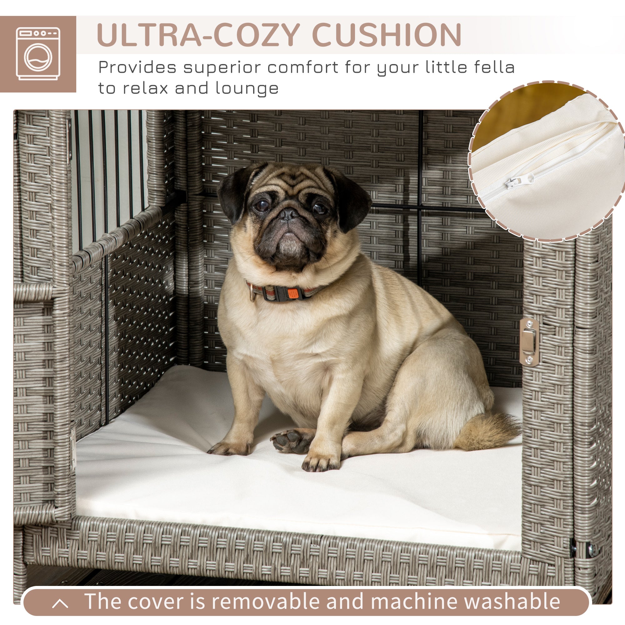 PawHut Rattan Dog Crate, Wicker Dog Cage with Lockable Door and Soft Washable Cushion, Dog Kennel Furniture for Small Sized Dogs, Gray