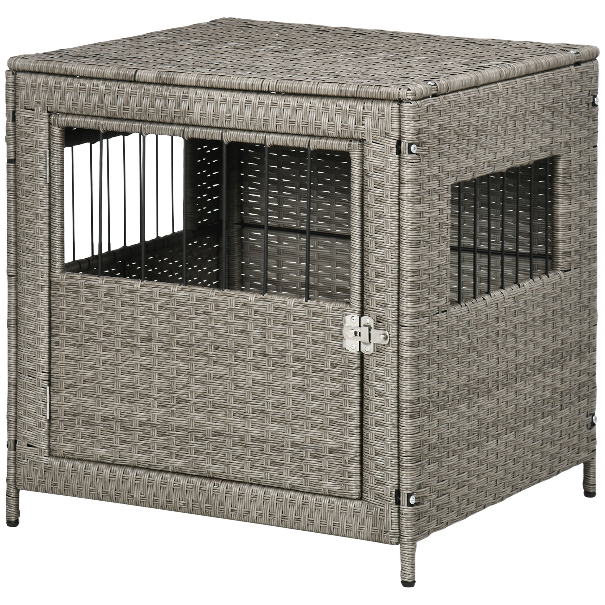 PawHut Rattan Dog Crate, Wicker Dog Cage with Lockable Door and Soft Washable Cushion, Dog Kennel Furniture for Small Sized Dogs, Gray