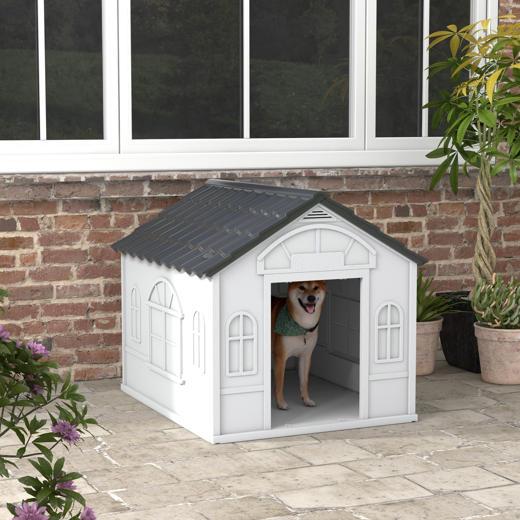 PawHut Plastic Dog House Outdoor Indoor, Weather-Resistant Dog Kennel, with Large Opening, for Large Dogs, 84.2 x 98.2 x 82cm - Grey