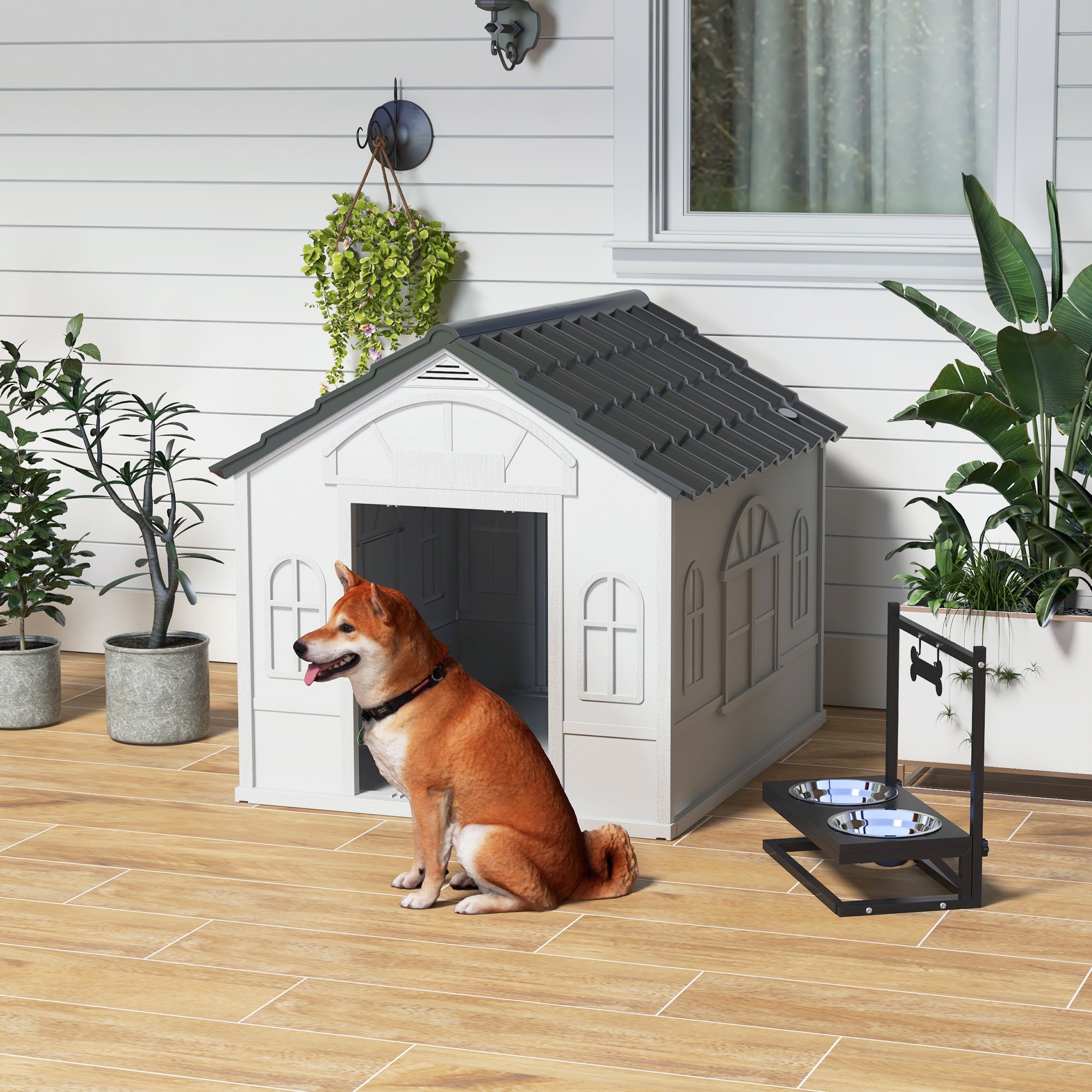 PawHut Plastic Dog House Outdoor Indoor, Weather-Resistant Dog Kennel, with Large Opening, for Large Dogs, 84.2 x 98.2 x 82cm - Grey