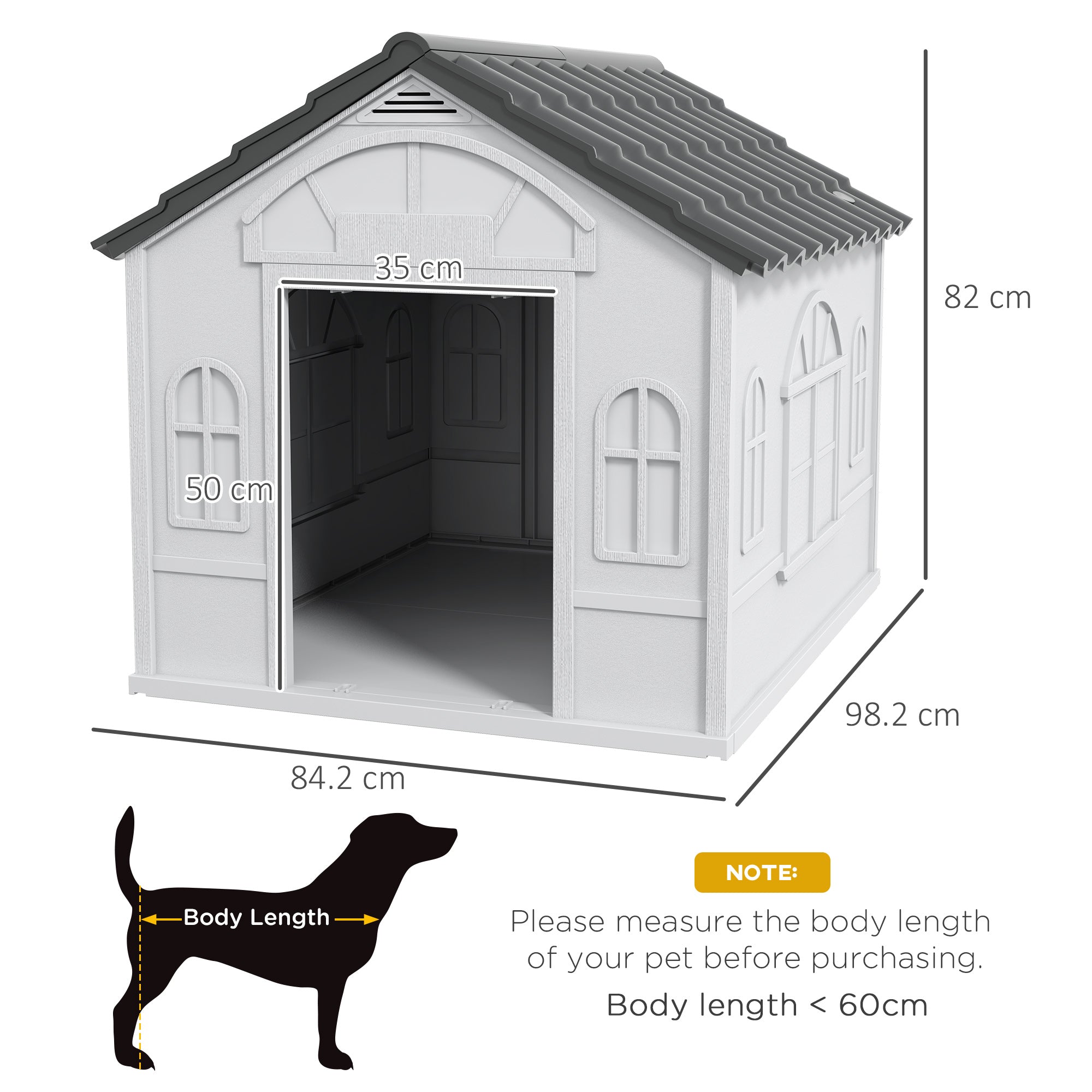 PawHut Plastic Dog House Outdoor Indoor, Weather-Resistant Dog Kennel, with Large Opening, for Large Dogs, 84.2 x 98.2 x 82cm - Grey