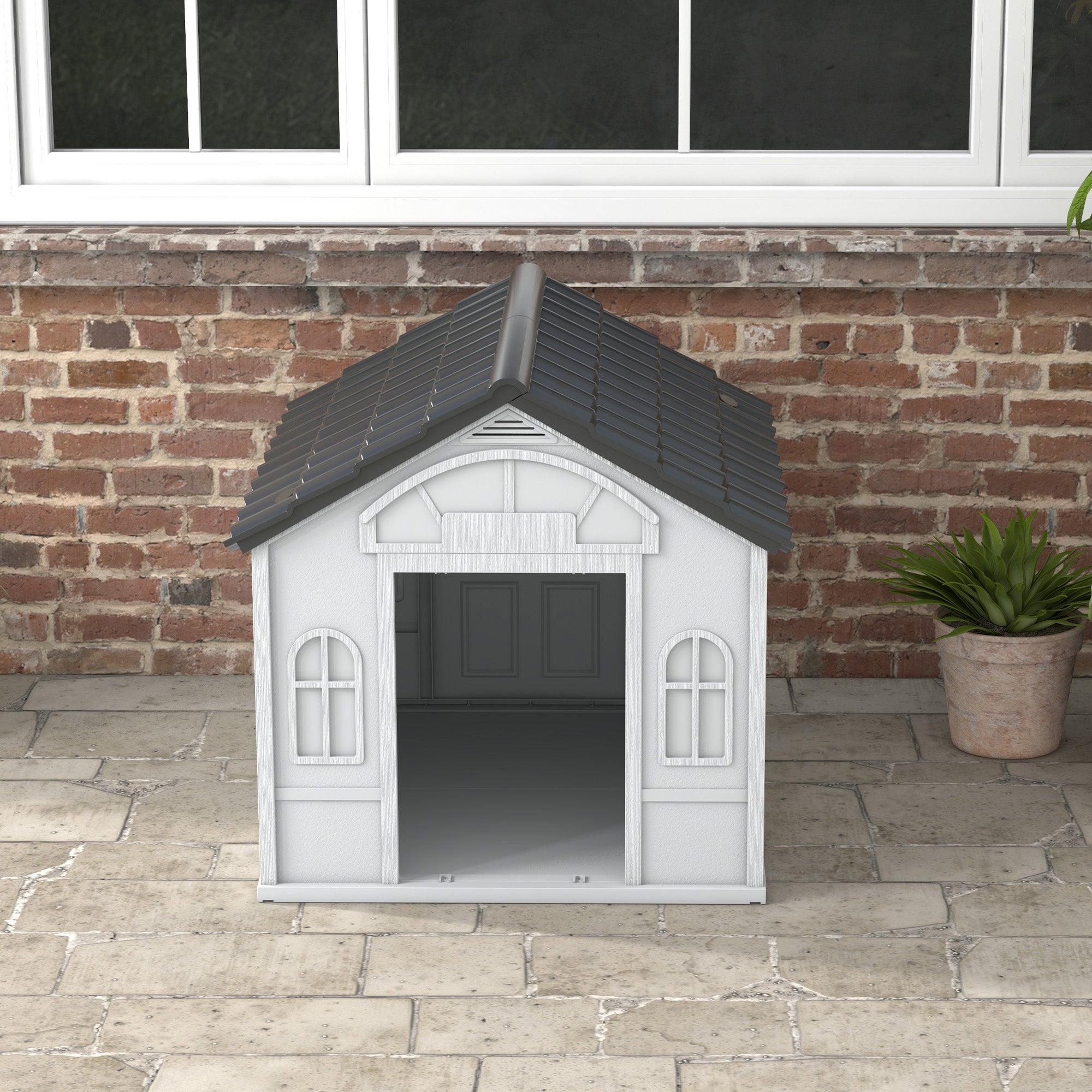 PawHut Plastic Dog House Outdoor Indoor, Weather-Resistant Dog Kennel, with Large Opening, for Large Dogs, 84.2 x 98.2 x 82cm - Grey