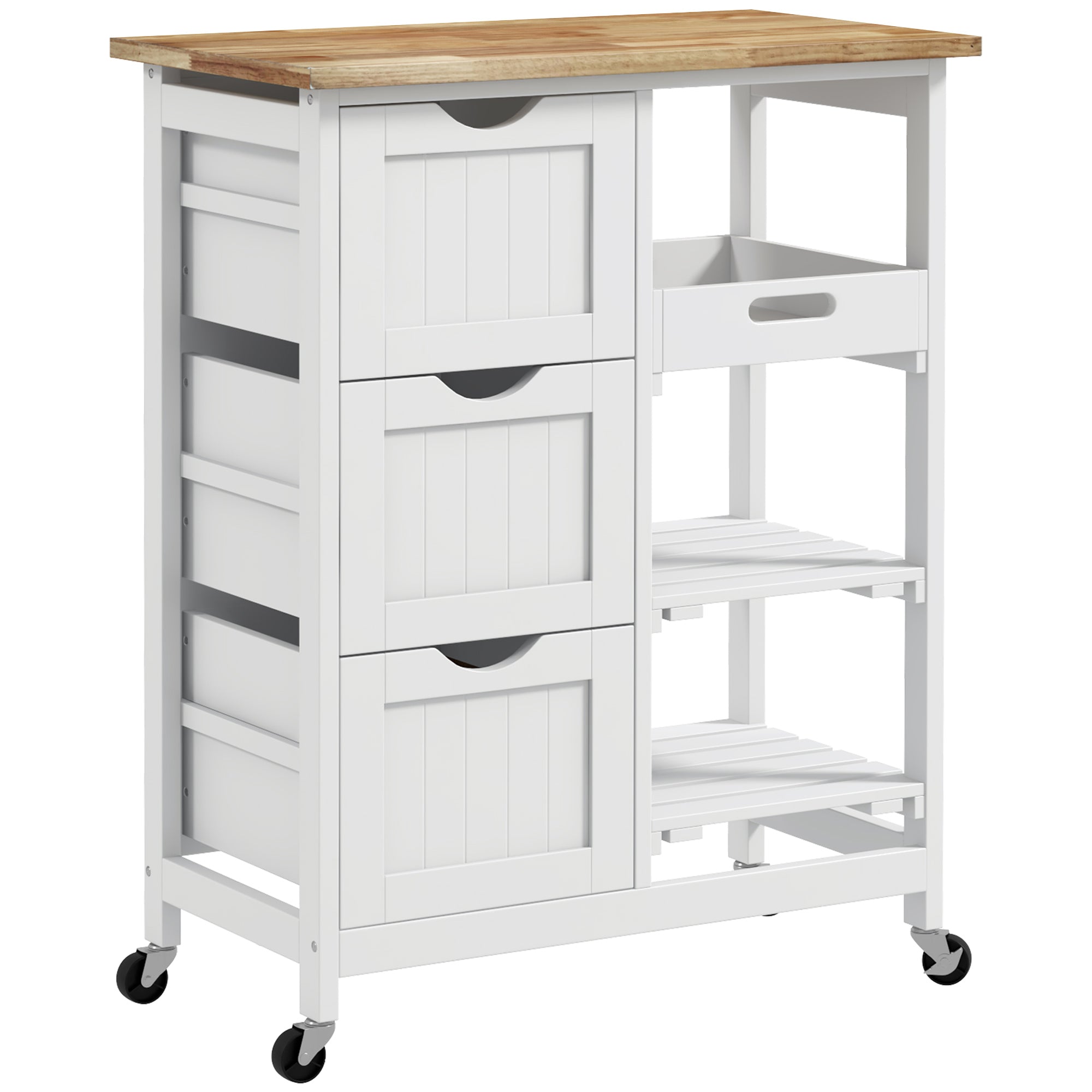 HOMCOM Rolling Kitchen Island Cart, Bar Serving Cart, Compact Trolley on Wheels with Wood Top, Shelves and Drawers, White