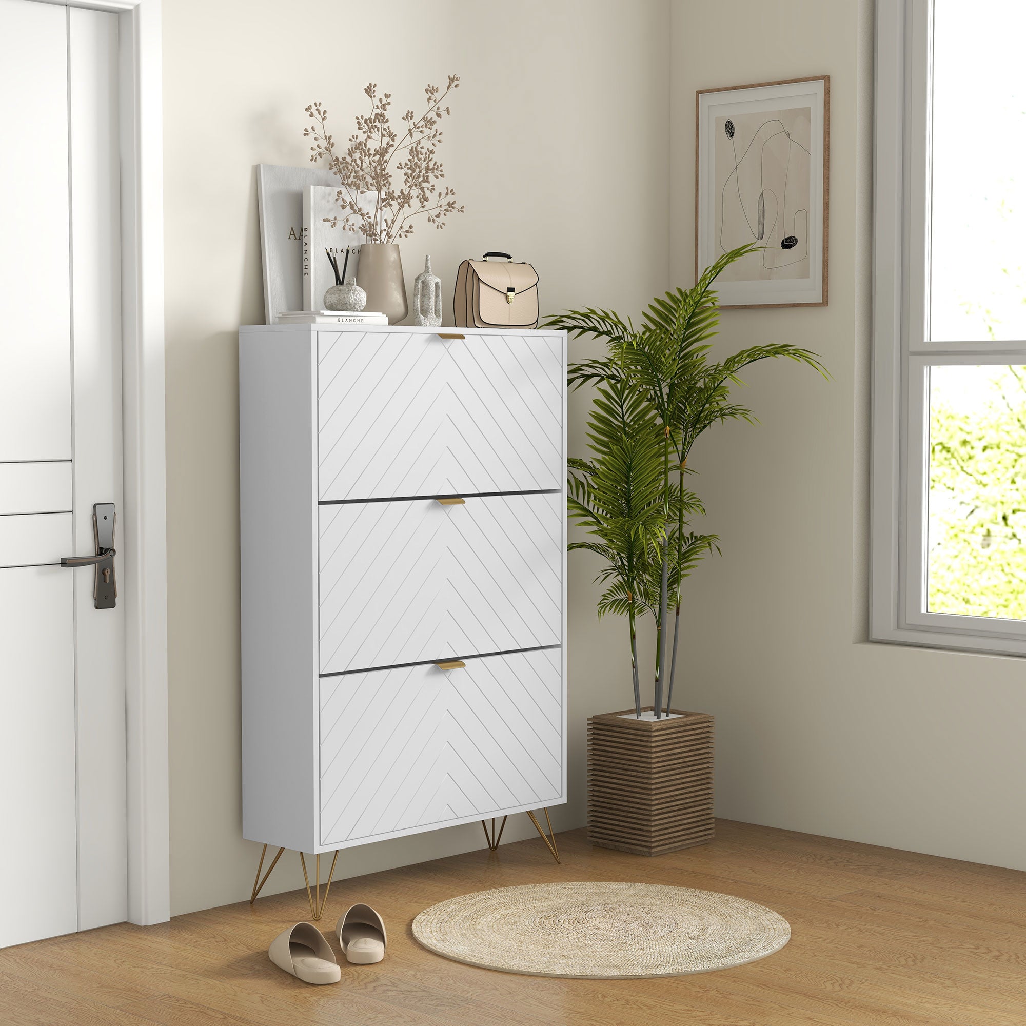 HOMCOM Narrow Shoe Cabinet with 3 Flip Drawers, Slim Shoe Storage Cabinet with Adjustable Shelves, Hairpin Legs and 8 Vents for 18 Pairs of Shoes for Entryway, White