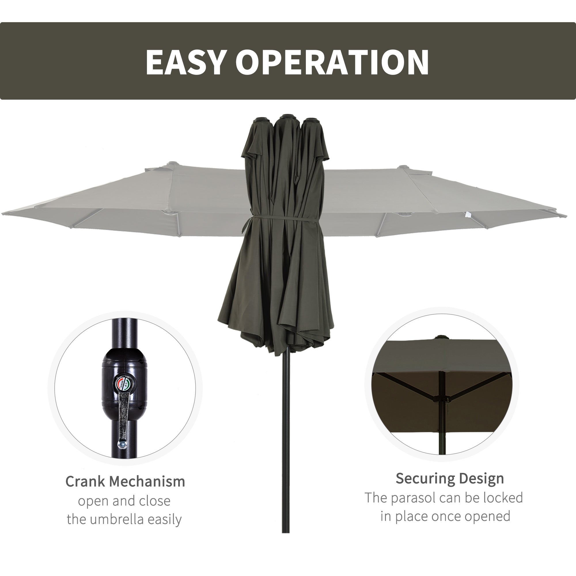Outsunny 15ft Double-sided Patio Umbrella with Twin Canopy, Extra Large Outdoor Parasol with Crank for Pool, Deck, Market, Grey