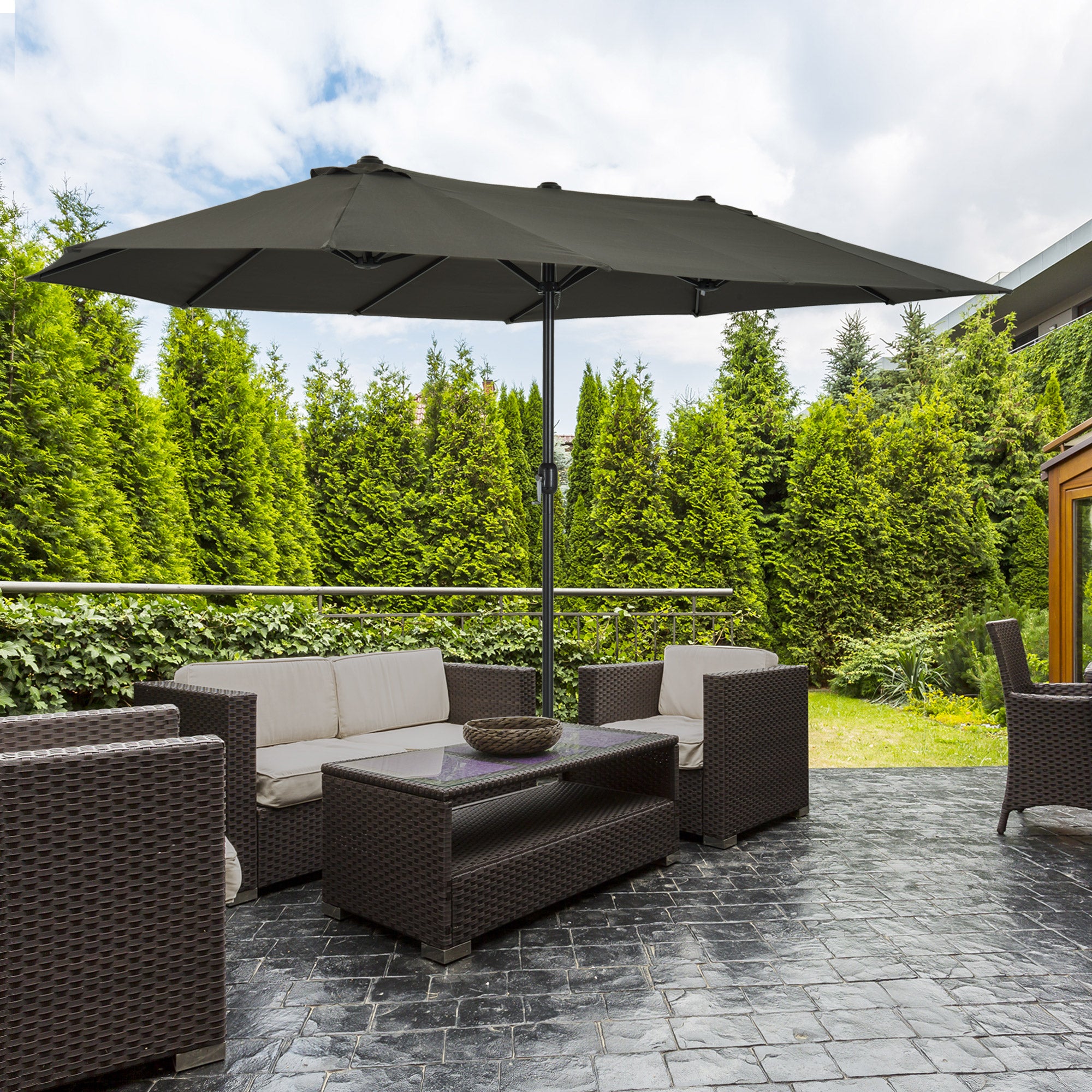 Outsunny 15ft Double-sided Patio Umbrella with Twin Canopy, Extra Large Outdoor Parasol with Crank for Pool, Deck, Market, Grey