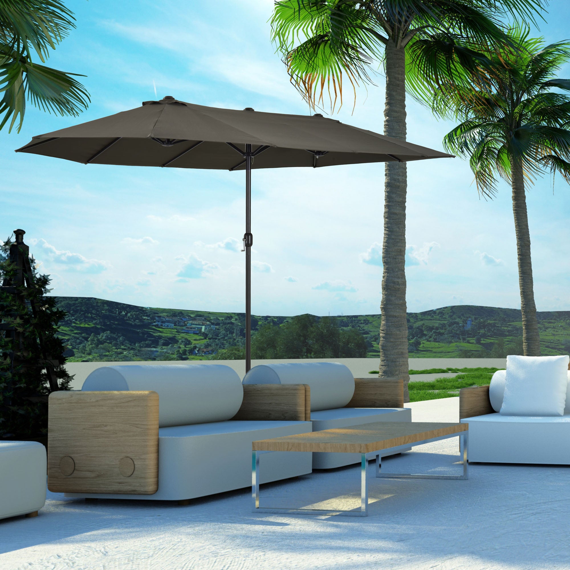 Outsunny 15ft Double-sided Patio Umbrella with Twin Canopy, Extra Large Outdoor Parasol with Crank for Pool, Deck, Market, Grey