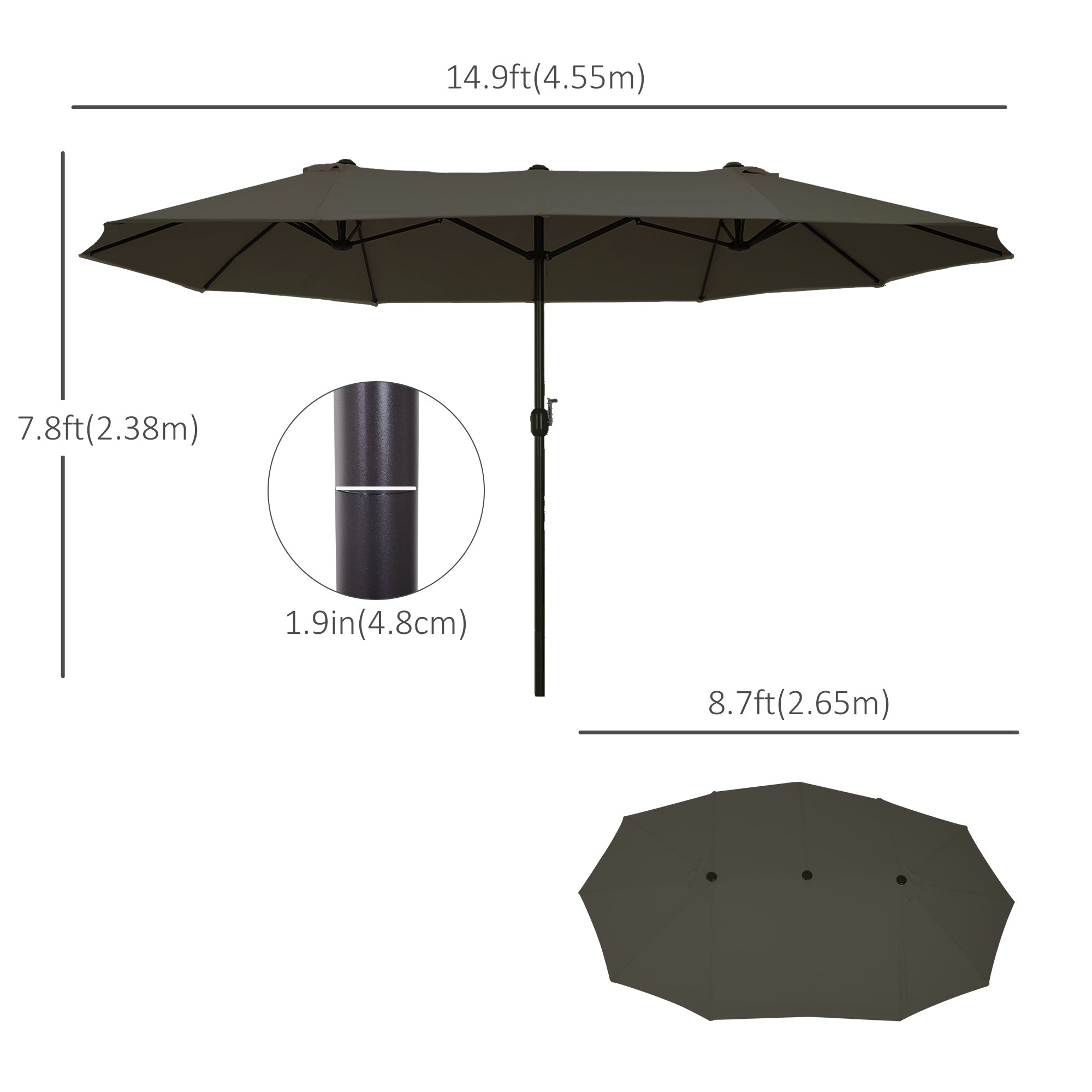 Outsunny 15ft Double-sided Patio Umbrella with Twin Canopy, Extra Large Outdoor Parasol with Crank for Pool, Deck, Market, Grey