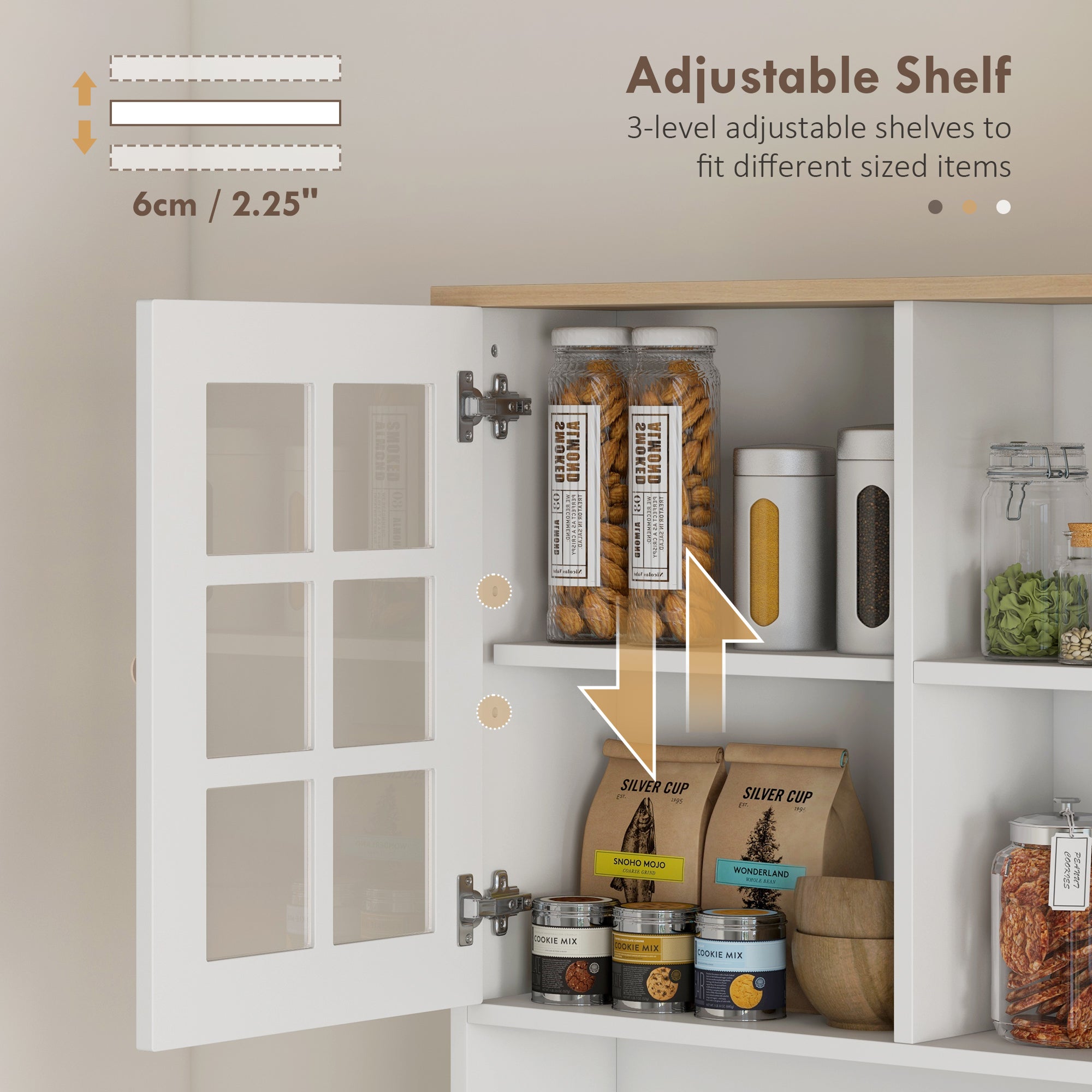 HOMCOM Kitchen Pantry, Buffet with Hutch with 3 Storage Cabinets, 2 Open Shelves and Large Countertop, White