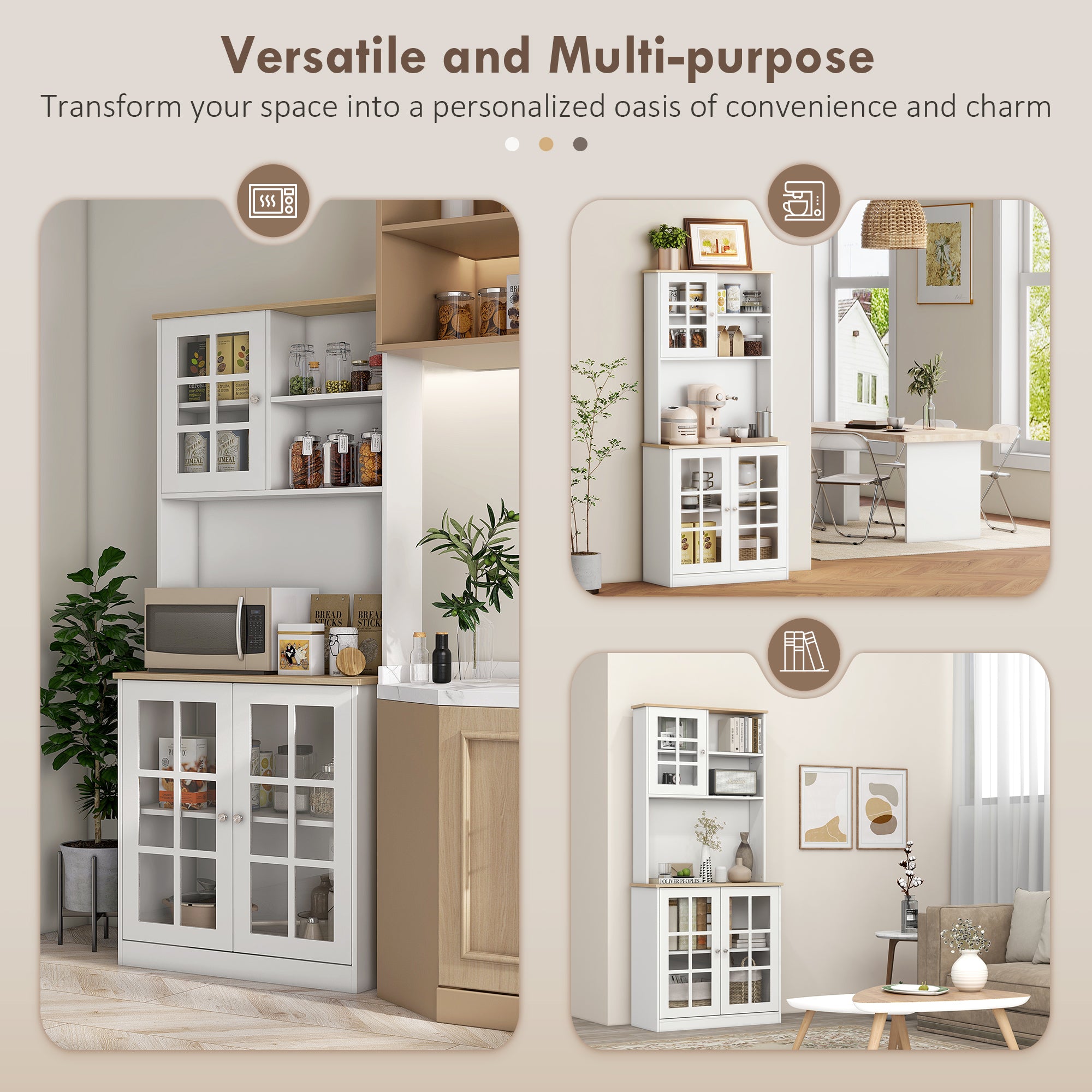 HOMCOM Kitchen Pantry, Buffet with Hutch with 3 Storage Cabinets, 2 Open Shelves and Large Countertop, White