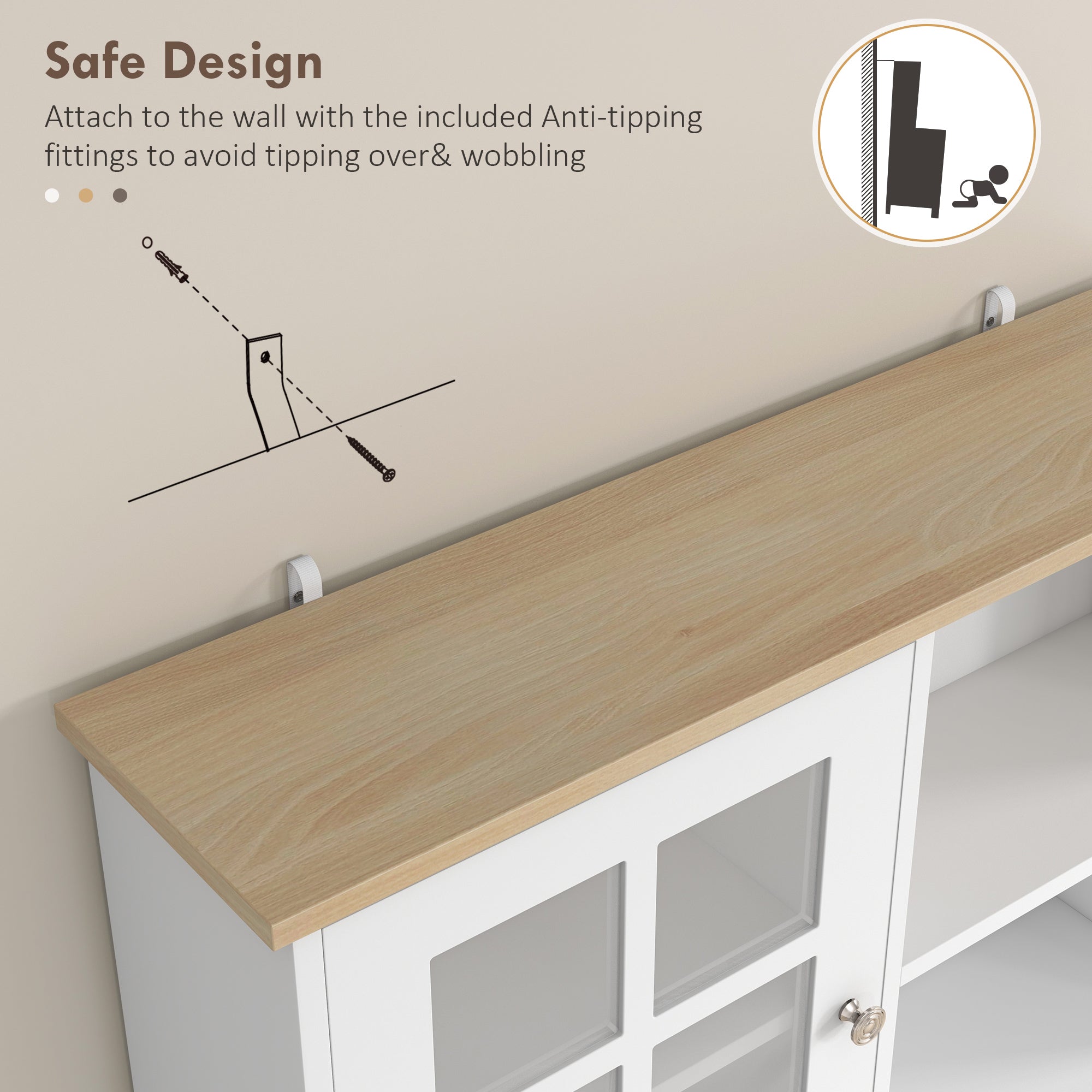 HOMCOM Kitchen Pantry, Buffet with Hutch with 3 Storage Cabinets, 2 Open Shelves and Large Countertop, White