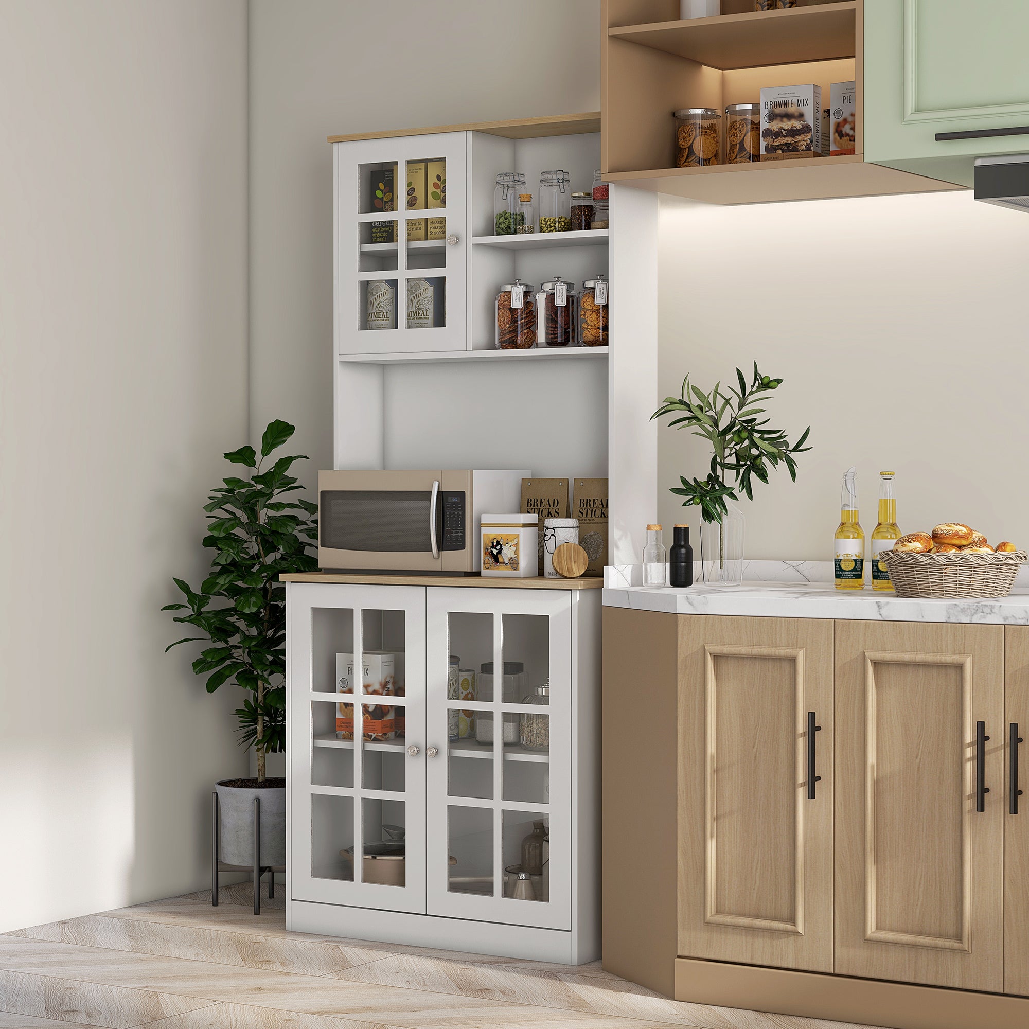 HOMCOM Kitchen Pantry, Buffet with Hutch with 3 Storage Cabinets, 2 Open Shelves and Large Countertop, White