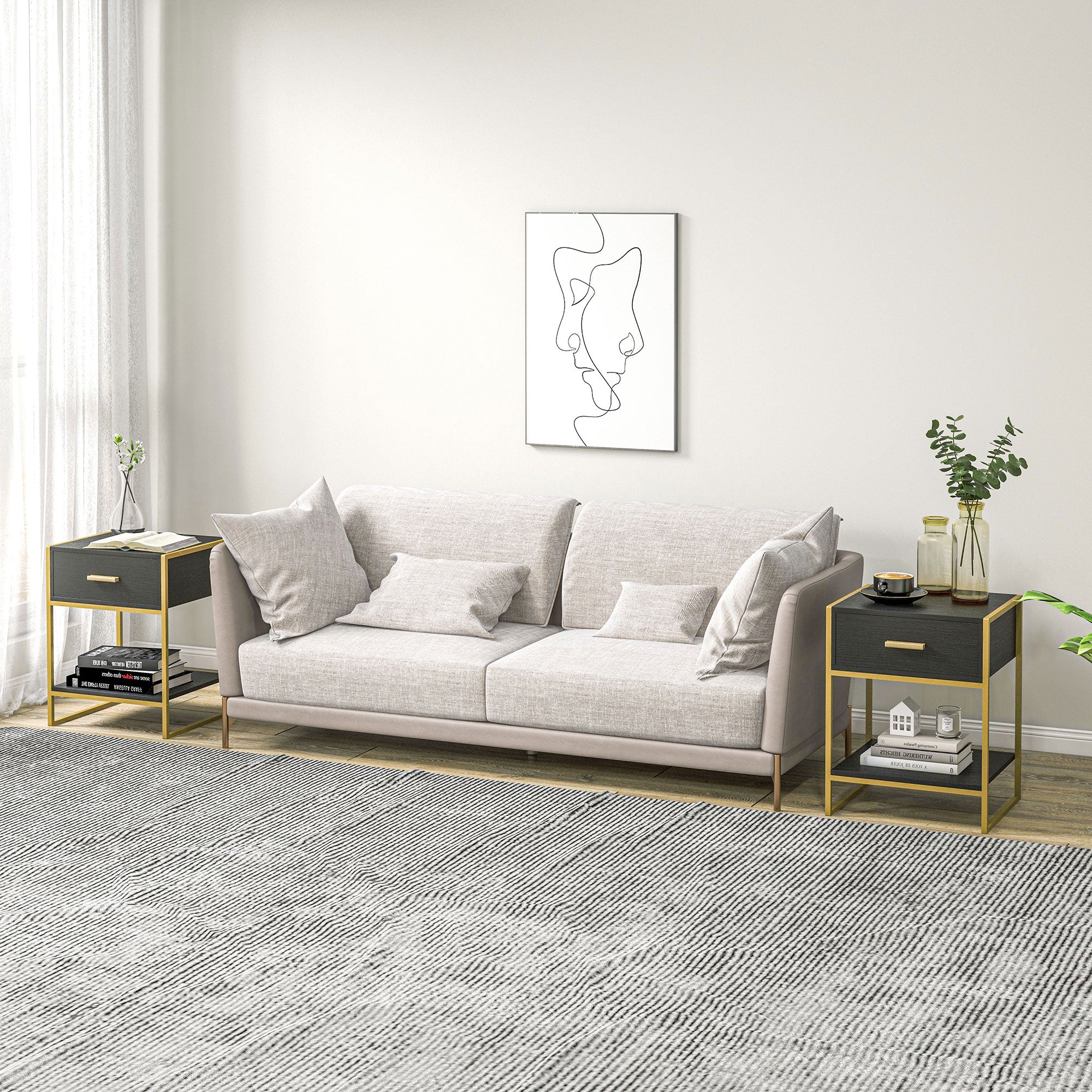 HOMCOM Nightstand Set of 2, Modern Bedside Table with Drawer and Shelf, Bedside Cabinets for Bedroom, Black