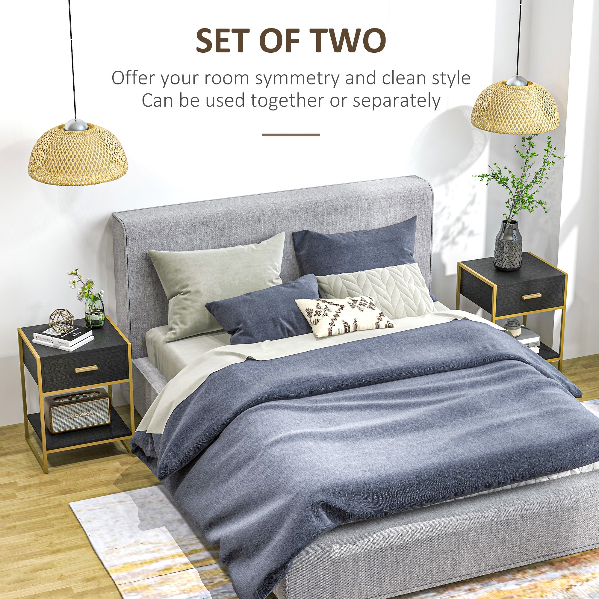HOMCOM Nightstand Set of 2, Modern Bedside Table with Drawer and Shelf, Bedside Cabinets for Bedroom, Black