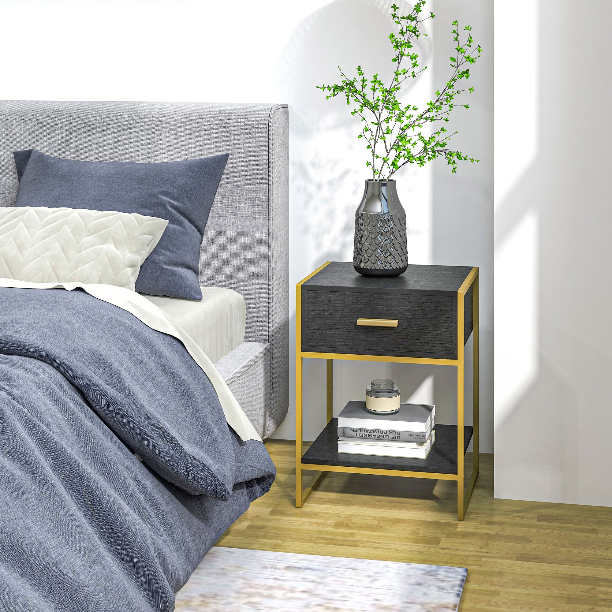 HOMCOM Nightstand Set of 2, Modern Bedside Table with Drawer and Shelf, Bedside Cabinets for Bedroom, Black