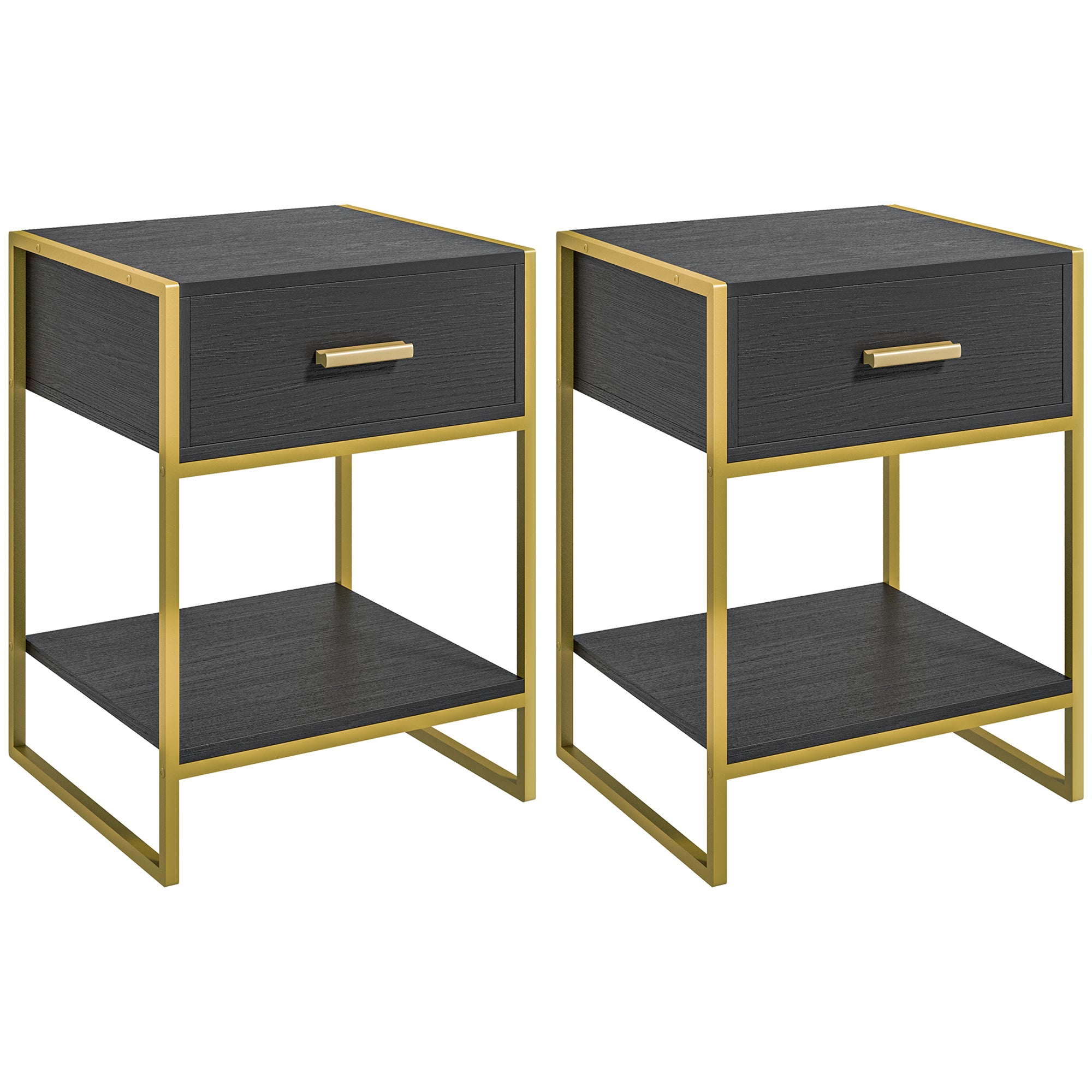 HOMCOM Nightstand Set of 2, Modern Bedside Table with Drawer and Shelf, Bedside Cabinets for Bedroom, Black