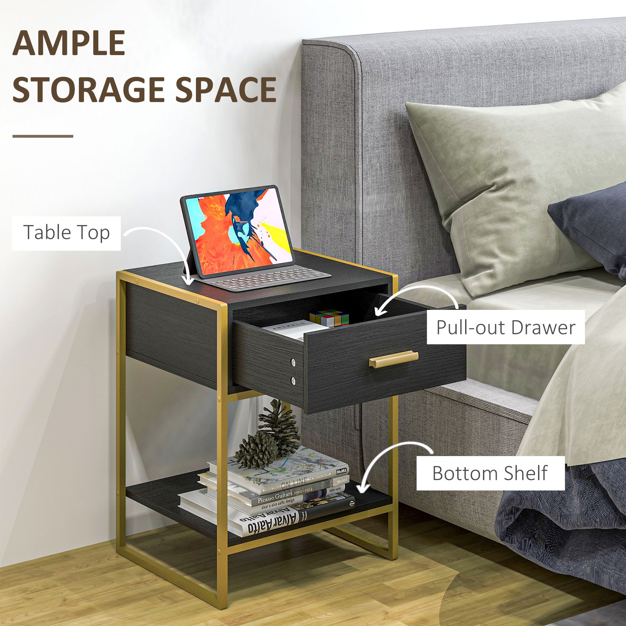 HOMCOM Nightstand Set of 2, Modern Bedside Table with Drawer and Shelf, Bedside Cabinets for Bedroom, Black