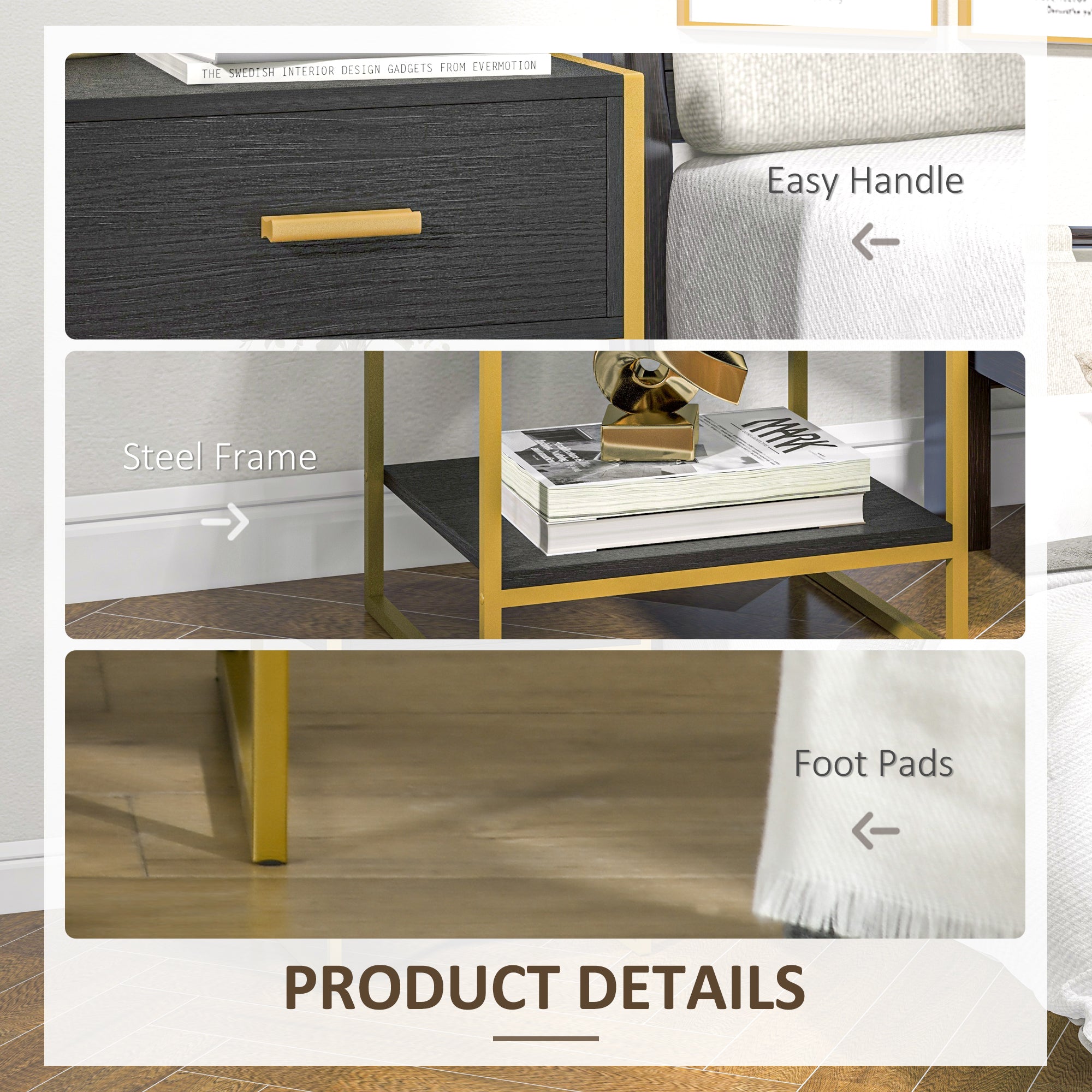 HOMCOM Nightstand Set of 2, Modern Bedside Table with Drawer and Shelf, Bedside Cabinets for Bedroom, Black