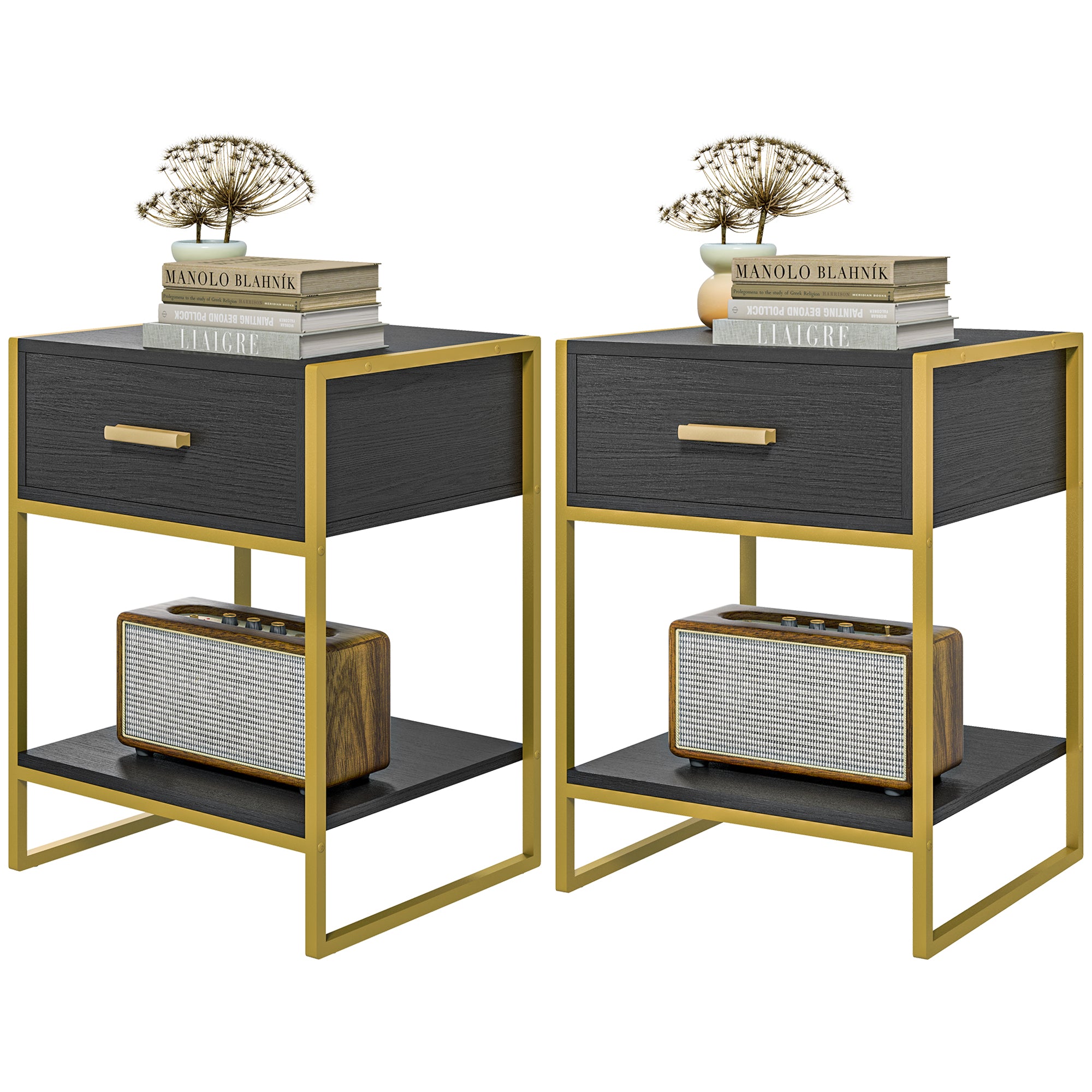 HOMCOM Nightstand Set of 2, Modern Bedside Table with Drawer and Shelf, Bedside Cabinets for Bedroom, Black